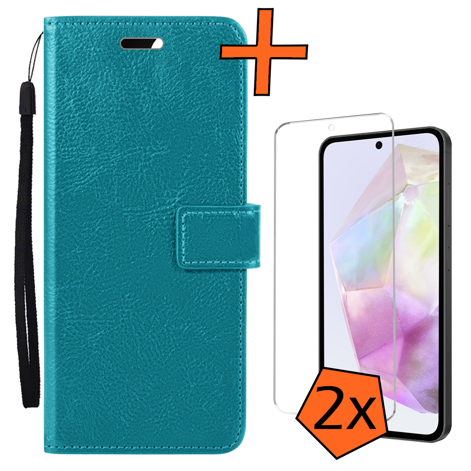 Nomfy Hoesje Geschikt voor Samsung A35 Hoes Bookcase Flipcase Book Cover Met 2x Screenprotector - Hoes Geschikt voor Samsung Galaxy A35 5G Hoesje Book Case - Turquoise