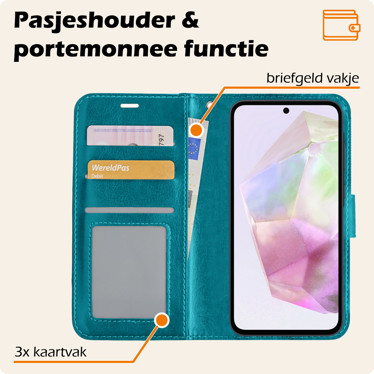 Nomfy Hoesje Geschikt voor Samsung A35 Hoes Bookcase Flipcase Book Cover Met 2x Screenprotector - Hoes Geschikt voor Samsung Galaxy A35 5G Hoesje Book Case - Turquoise