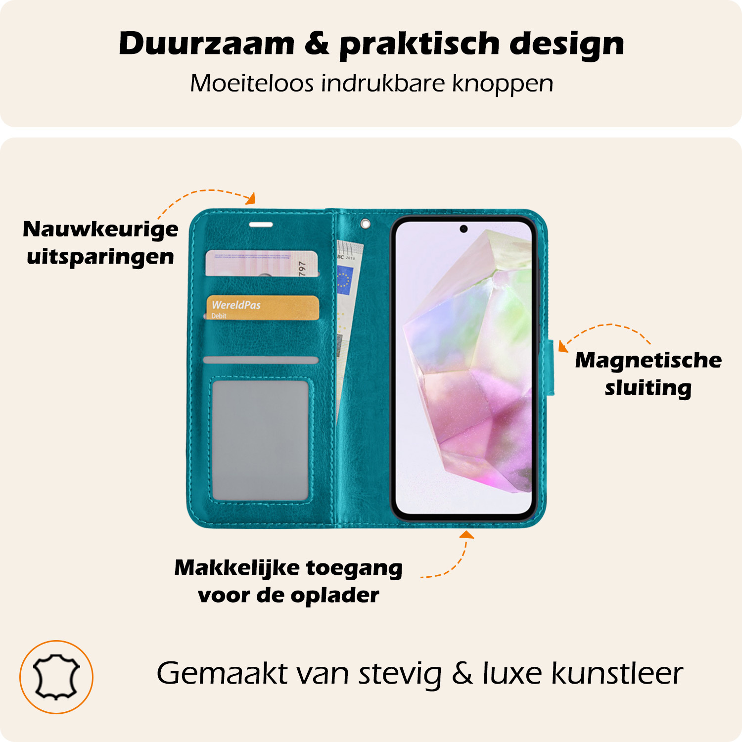 Nomfy Hoesje Geschikt voor Samsung A35 Hoes Bookcase Flipcase Book Cover Met 2x Screenprotector - Hoes Geschikt voor Samsung Galaxy A35 5G Hoesje Book Case - Turquoise