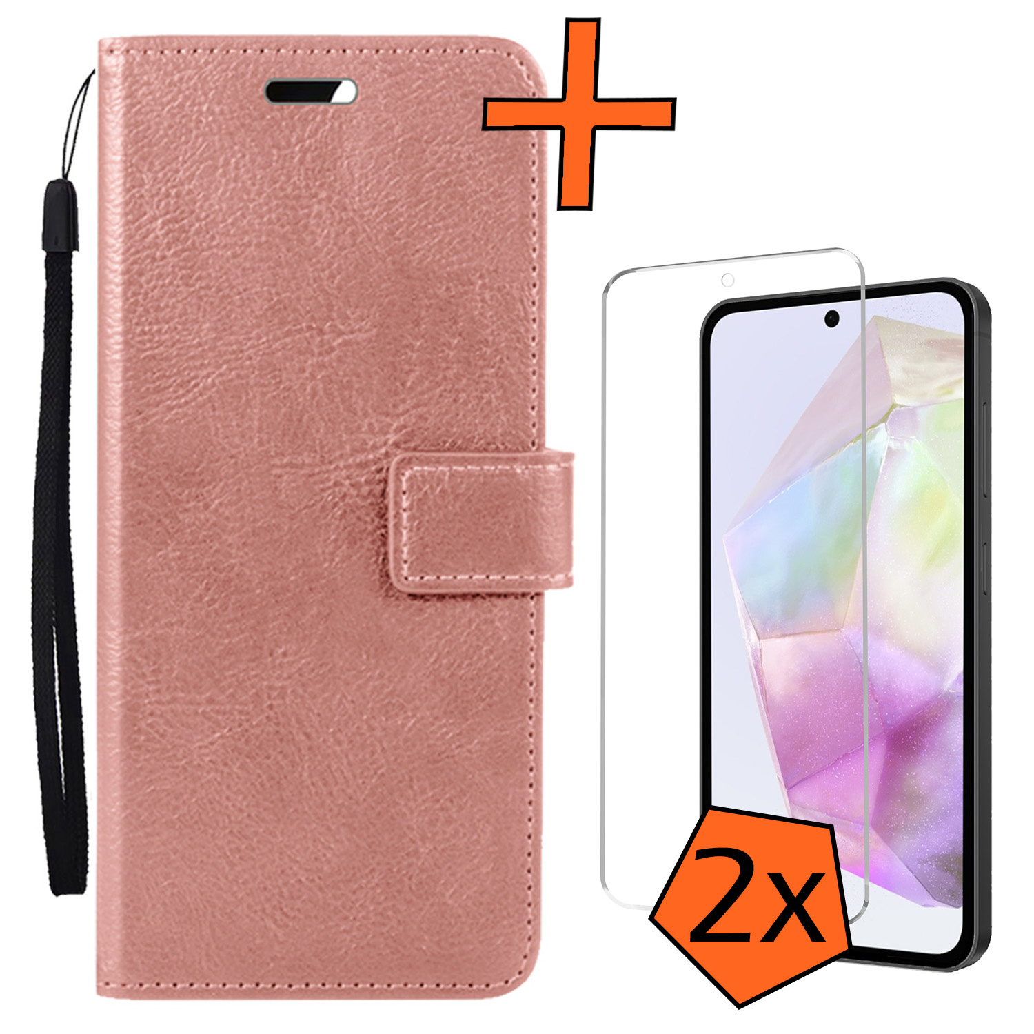 Nomfy Hoesje Geschikt voor Samsung A35 Hoes Bookcase Flipcase Book Cover Met 2x Screenprotector - Hoes Geschikt voor Samsung Galaxy A35 5G Hoesje Book Case - Rosé goud
