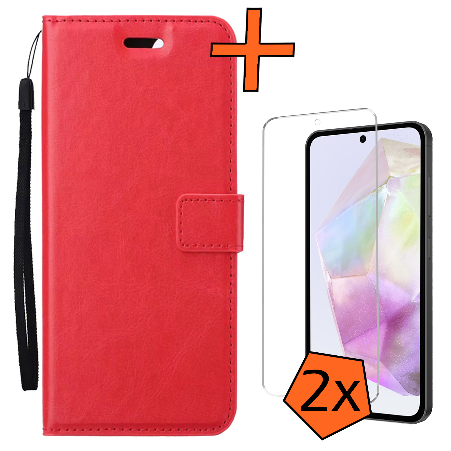 Nomfy Hoesje Geschikt voor Samsung A35 Hoes Bookcase Flipcase Book Cover Met 2x Screenprotector - Hoes Geschikt voor Samsung Galaxy A35 5G Hoesje Book Case - Rood