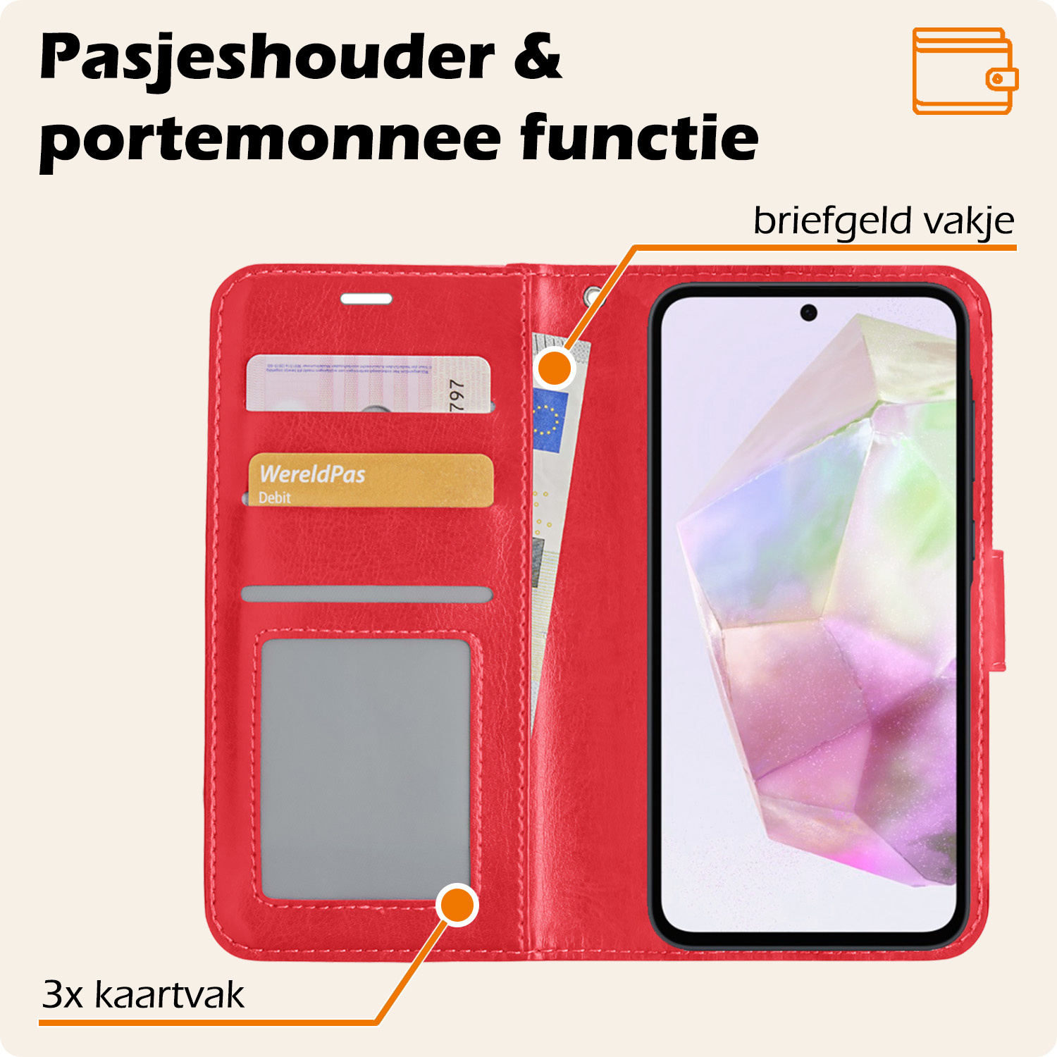 Nomfy Hoesje Geschikt voor Samsung A35 Hoes Bookcase Flipcase Book Cover Met 2x Screenprotector - Hoes Geschikt voor Samsung Galaxy A35 5G Hoesje Book Case - Rood