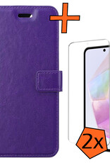 Nomfy Hoesje Geschikt voor Samsung A35 Hoes Bookcase Flipcase Book Cover Met 2x Screenprotector - Hoes Geschikt voor Samsung Galaxy A35 5G Hoesje Book Case - Paars