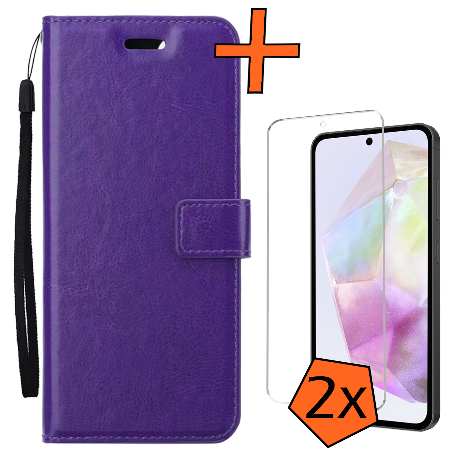 Nomfy Hoesje Geschikt voor Samsung A35 Hoes Bookcase Flipcase Book Cover Met 2x Screenprotector - Hoes Geschikt voor Samsung Galaxy A35 5G Hoesje Book Case - Paars