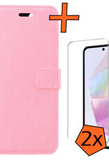 Nomfy Hoesje Geschikt voor Samsung A35 Hoes Bookcase Flipcase Book Cover Met 2x Screenprotector - Hoes Geschikt voor Samsung Galaxy A35 5G Hoesje Book Case - Lichtroze