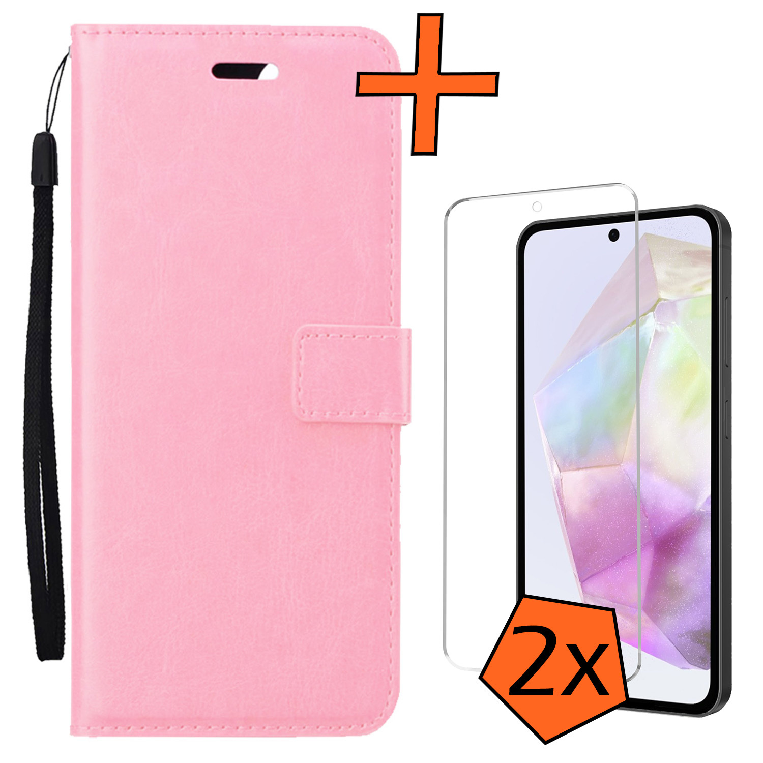 Nomfy Hoesje Geschikt voor Samsung A35 Hoes Bookcase Flipcase Book Cover Met 2x Screenprotector - Hoes Geschikt voor Samsung Galaxy A35 5G Hoesje Book Case - Lichtroze