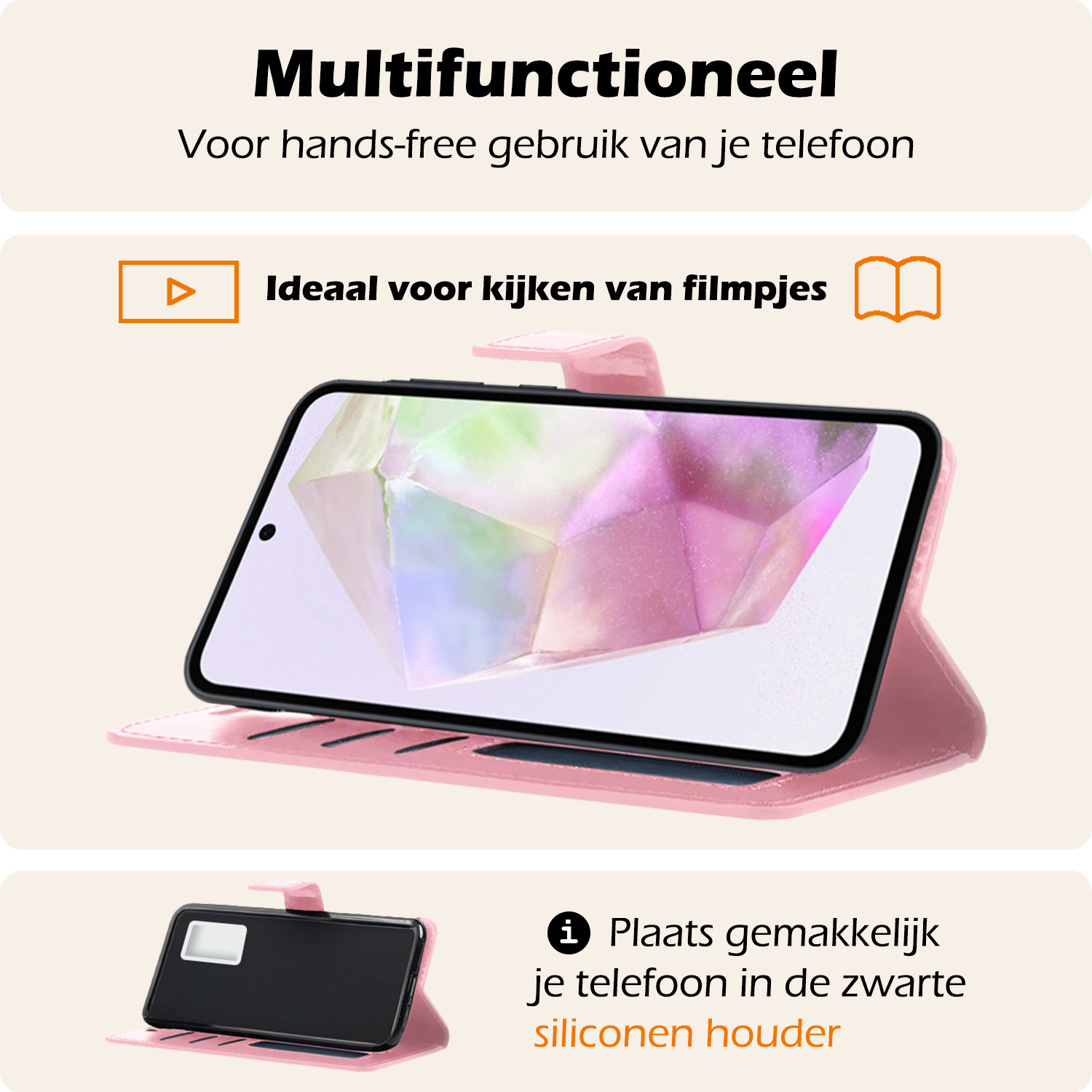 Nomfy Hoesje Geschikt voor Samsung A35 Hoes Bookcase Flipcase Book Cover Met 2x Screenprotector - Hoes Geschikt voor Samsung Galaxy A35 5G Hoesje Book Case - Lichtroze