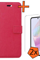 Nomfy Hoesje Geschikt voor Samsung A35 Hoes Bookcase Flipcase Book Cover Met 2x Screenprotector - Hoes Geschikt voor Samsung Galaxy A35 5G Hoesje Book Case - Donkerroze