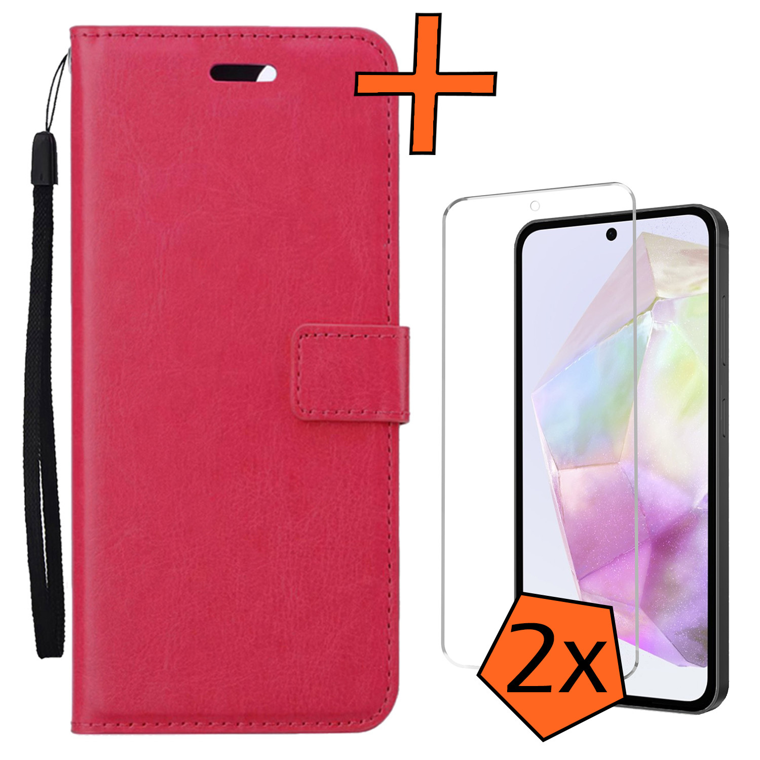 Nomfy Hoesje Geschikt voor Samsung A35 Hoes Bookcase Flipcase Book Cover Met 2x Screenprotector - Hoes Geschikt voor Samsung Galaxy A35 5G Hoesje Book Case - Donkerroze