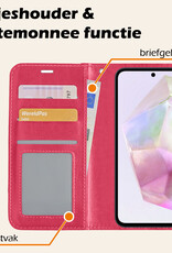 Nomfy Hoesje Geschikt voor Samsung A35 Hoes Bookcase Flipcase Book Cover Met 2x Screenprotector - Hoes Geschikt voor Samsung Galaxy A35 5G Hoesje Book Case - Donkerroze