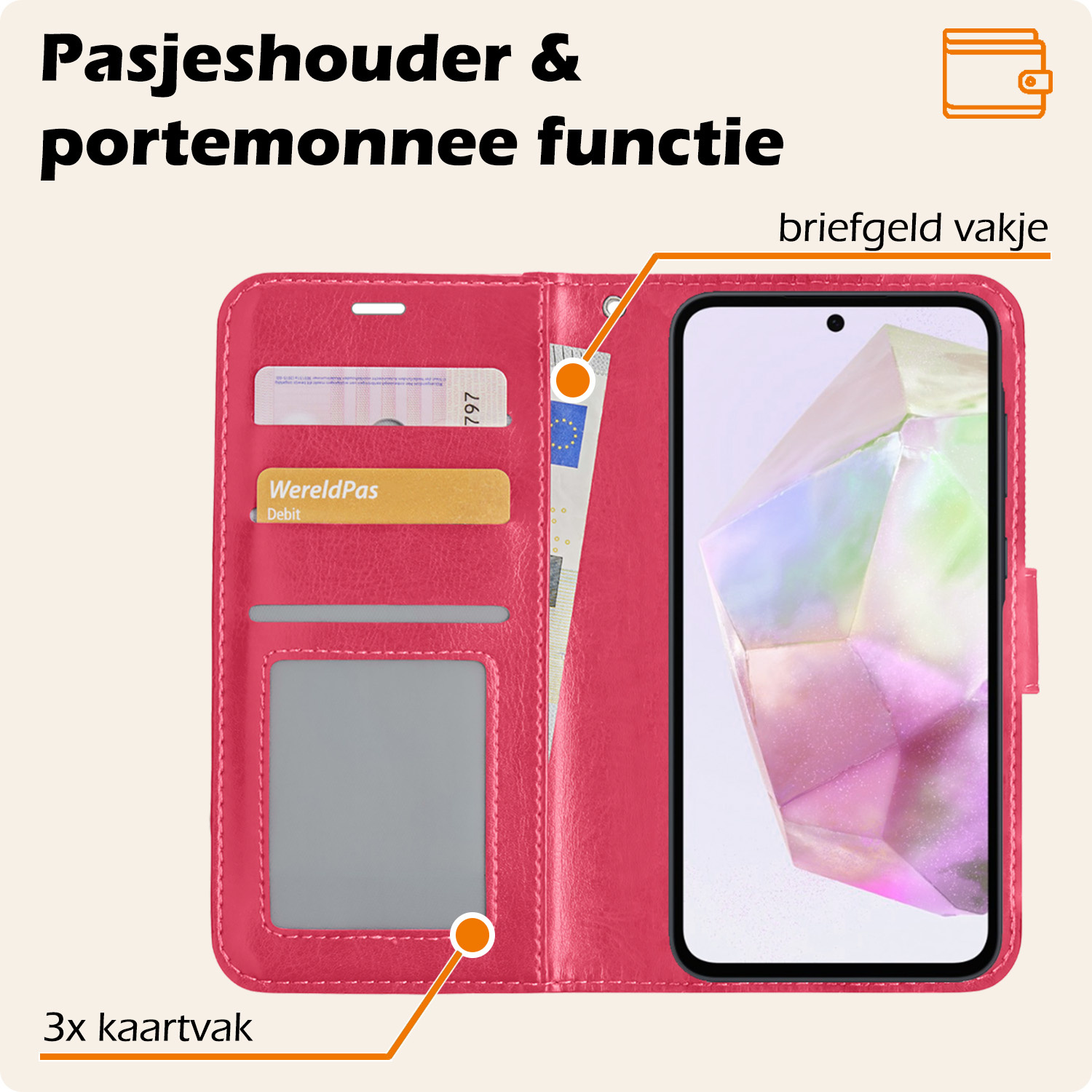 Nomfy Hoesje Geschikt voor Samsung A35 Hoes Bookcase Flipcase Book Cover Met 2x Screenprotector - Hoes Geschikt voor Samsung Galaxy A35 5G Hoesje Book Case - Donkerroze