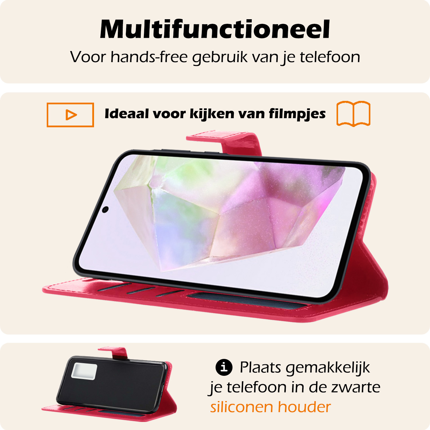 Nomfy Hoesje Geschikt voor Samsung A35 Hoes Bookcase Flipcase Book Cover Met 2x Screenprotector - Hoes Geschikt voor Samsung Galaxy A35 5G Hoesje Book Case - Donkerroze