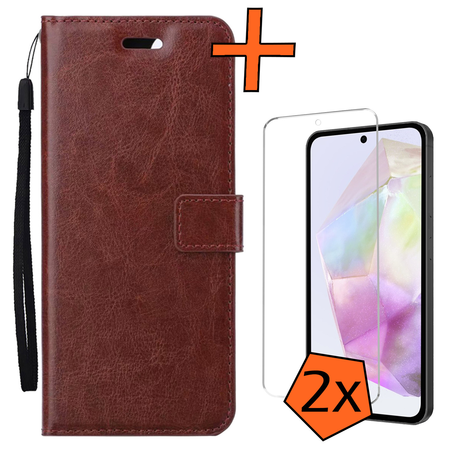 Nomfy Hoesje Geschikt voor Samsung A35 Hoes Bookcase Flipcase Book Cover Met 2x Screenprotector - Hoes Geschikt voor Samsung Galaxy A35 5G Hoesje Book Case - Bruin