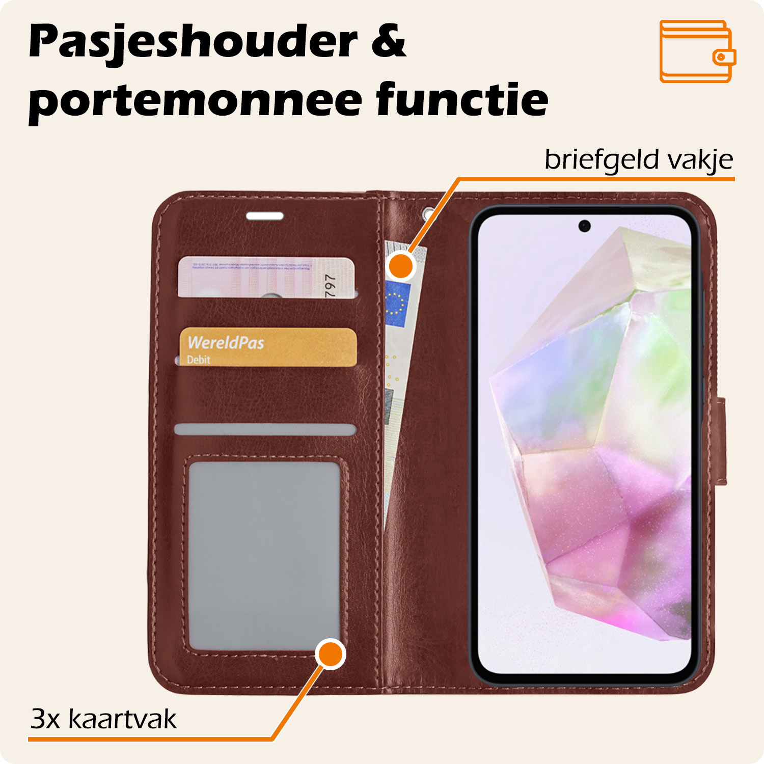 Nomfy Hoesje Geschikt voor Samsung A35 Hoes Bookcase Flipcase Book Cover Met 2x Screenprotector - Hoes Geschikt voor Samsung Galaxy A35 5G Hoesje Book Case - Bruin