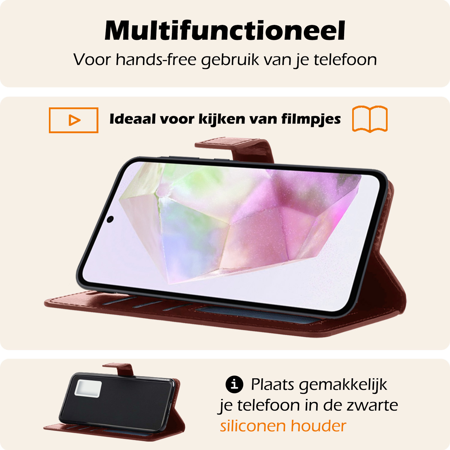 Nomfy Hoesje Geschikt voor Samsung A35 Hoes Bookcase Flipcase Book Cover Met 2x Screenprotector - Hoes Geschikt voor Samsung Galaxy A35 5G Hoesje Book Case - Bruin