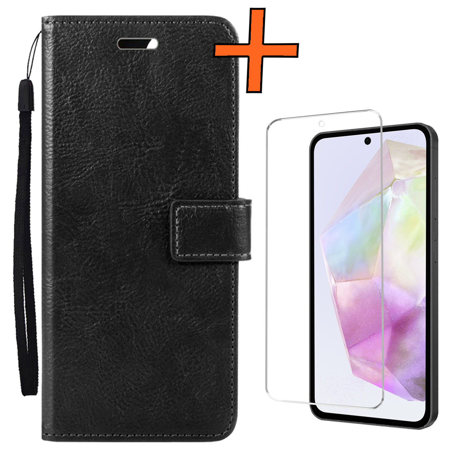 Nomfy Hoesje Geschikt voor Samsung A35 Hoes Bookcase Flipcase Book Cover Met Screenprotector - Hoes Geschikt voor Samsung Galaxy A35 5G Hoesje Book Case - Zwart