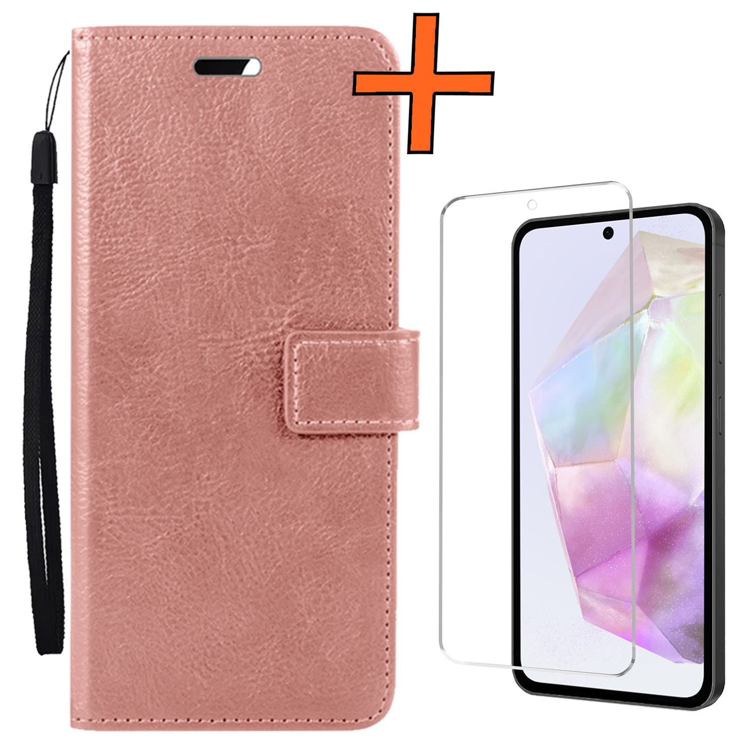 Nomfy Hoesje Geschikt voor Samsung A35 Hoes Bookcase Flipcase Book Cover Met Screenprotector - Hoes Geschikt voor Samsung Galaxy A35 5G Hoesje Book Case - Rosé goud
