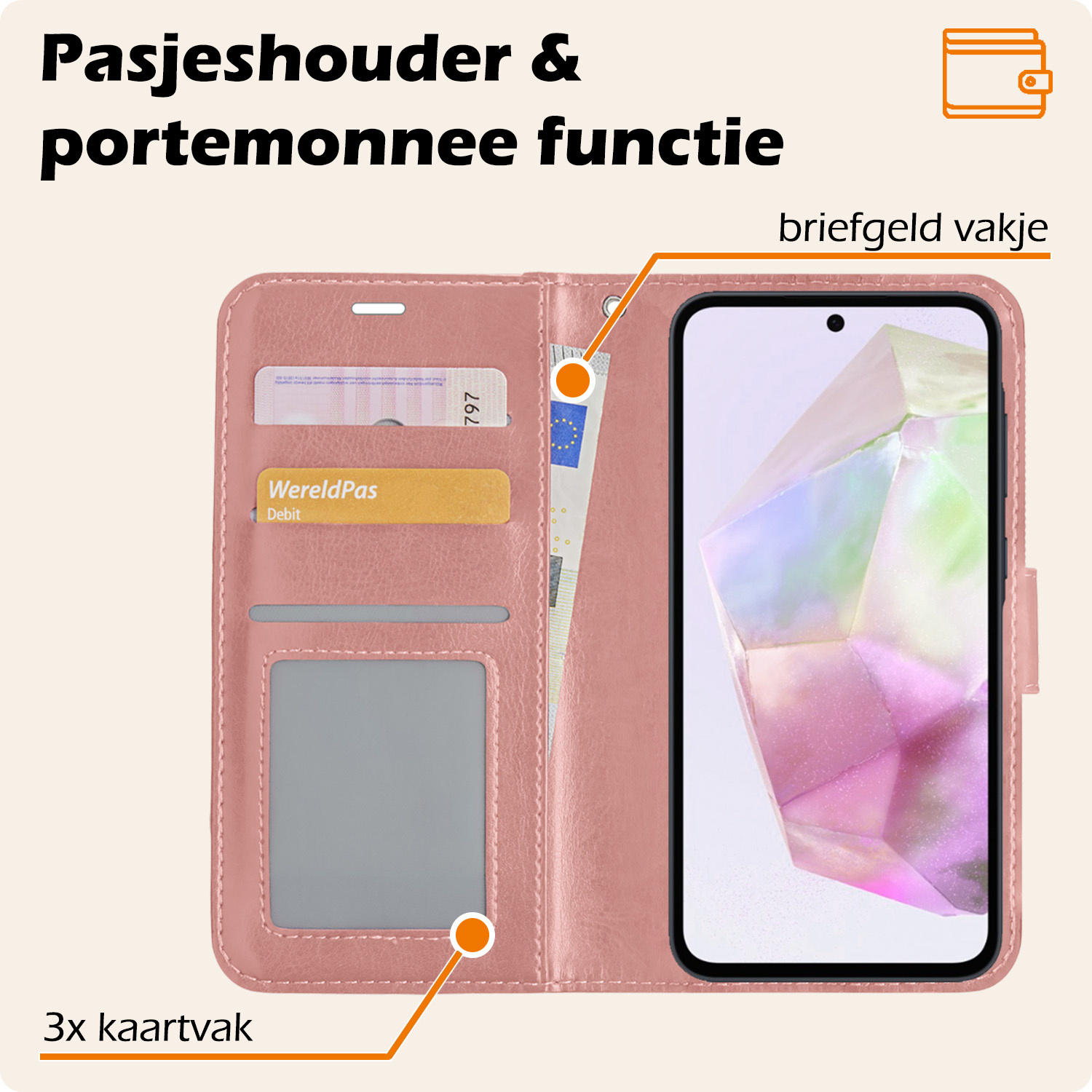 Nomfy Hoesje Geschikt voor Samsung A35 Hoes Bookcase Flipcase Book Cover Met Screenprotector - Hoes Geschikt voor Samsung Galaxy A35 5G Hoesje Book Case - Rosé goud