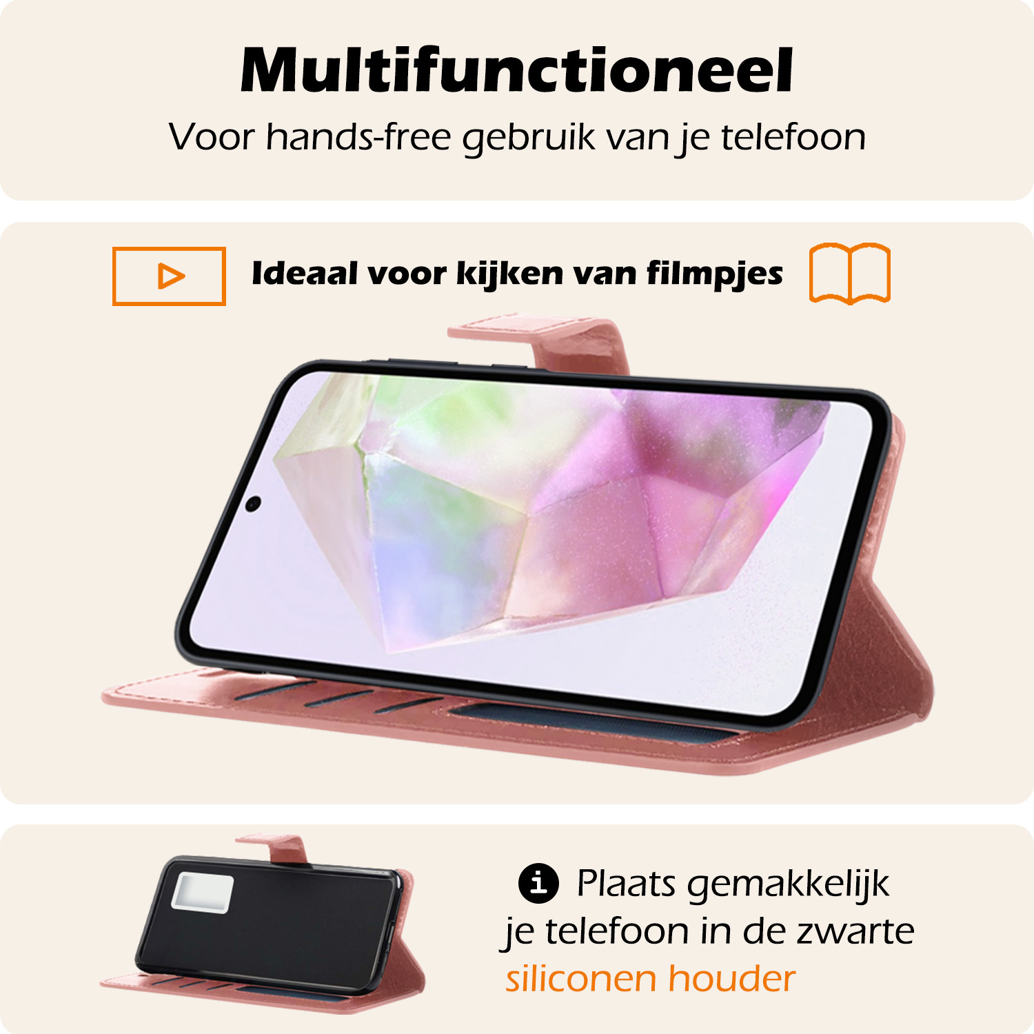 Nomfy Hoesje Geschikt voor Samsung A35 Hoes Bookcase Flipcase Book Cover Met Screenprotector - Hoes Geschikt voor Samsung Galaxy A35 5G Hoesje Book Case - Rosé goud