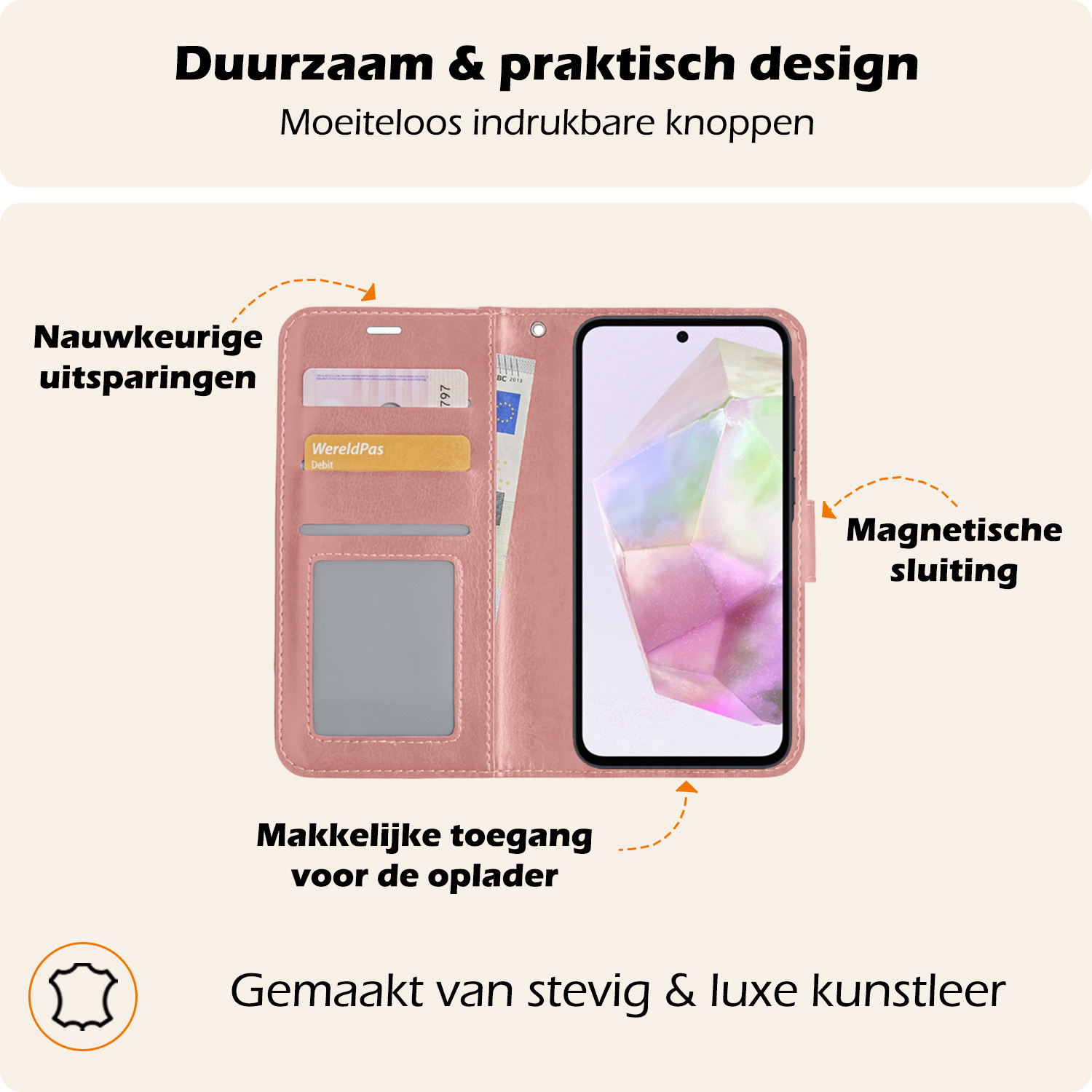 Nomfy Hoesje Geschikt voor Samsung A35 Hoes Bookcase Flipcase Book Cover Met Screenprotector - Hoes Geschikt voor Samsung Galaxy A35 5G Hoesje Book Case - Rosé goud