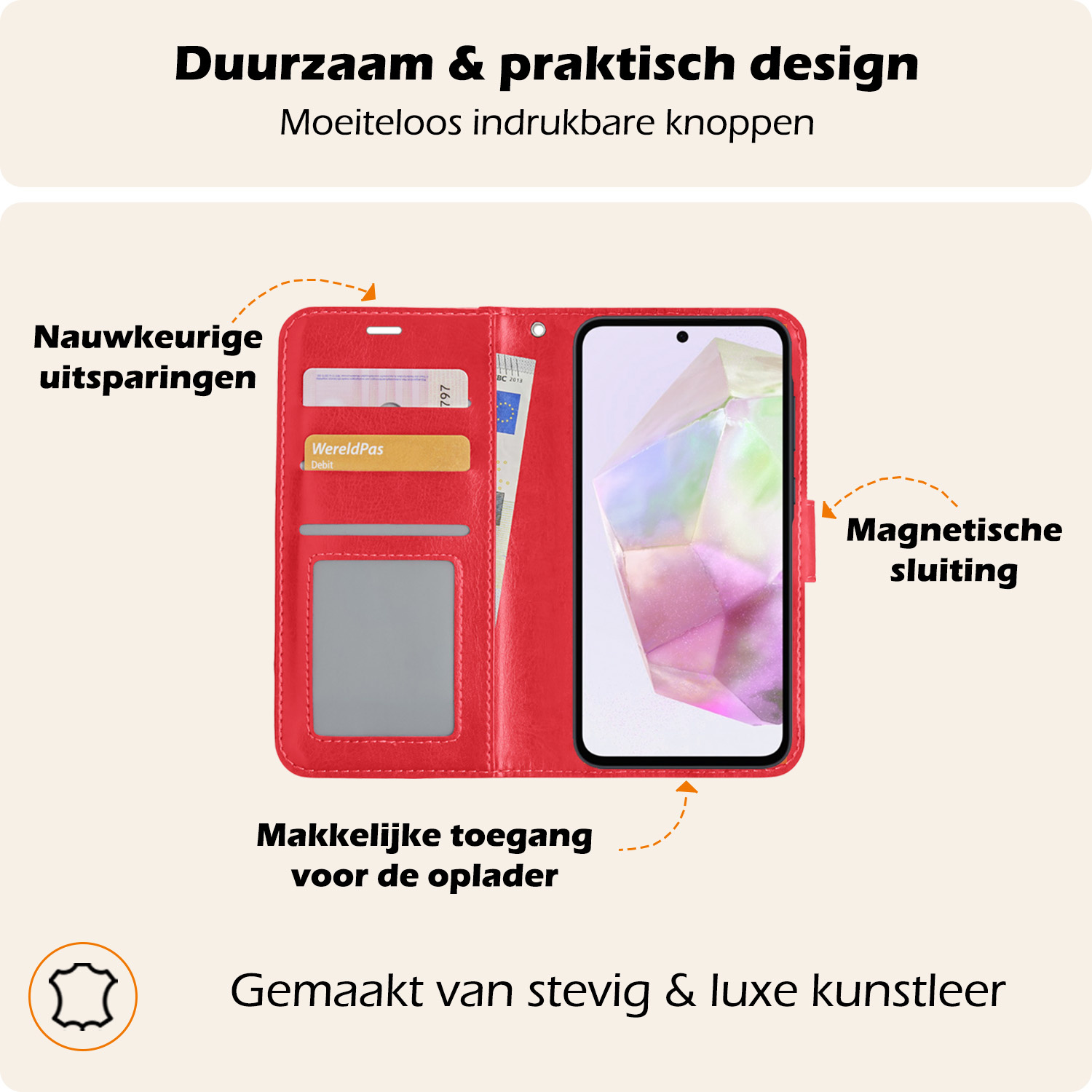 Nomfy Hoesje Geschikt voor Samsung A35 Hoes Bookcase Flipcase Book Cover Met Screenprotector - Hoes Geschikt voor Samsung Galaxy A35 5G Hoesje Book Case - Rood