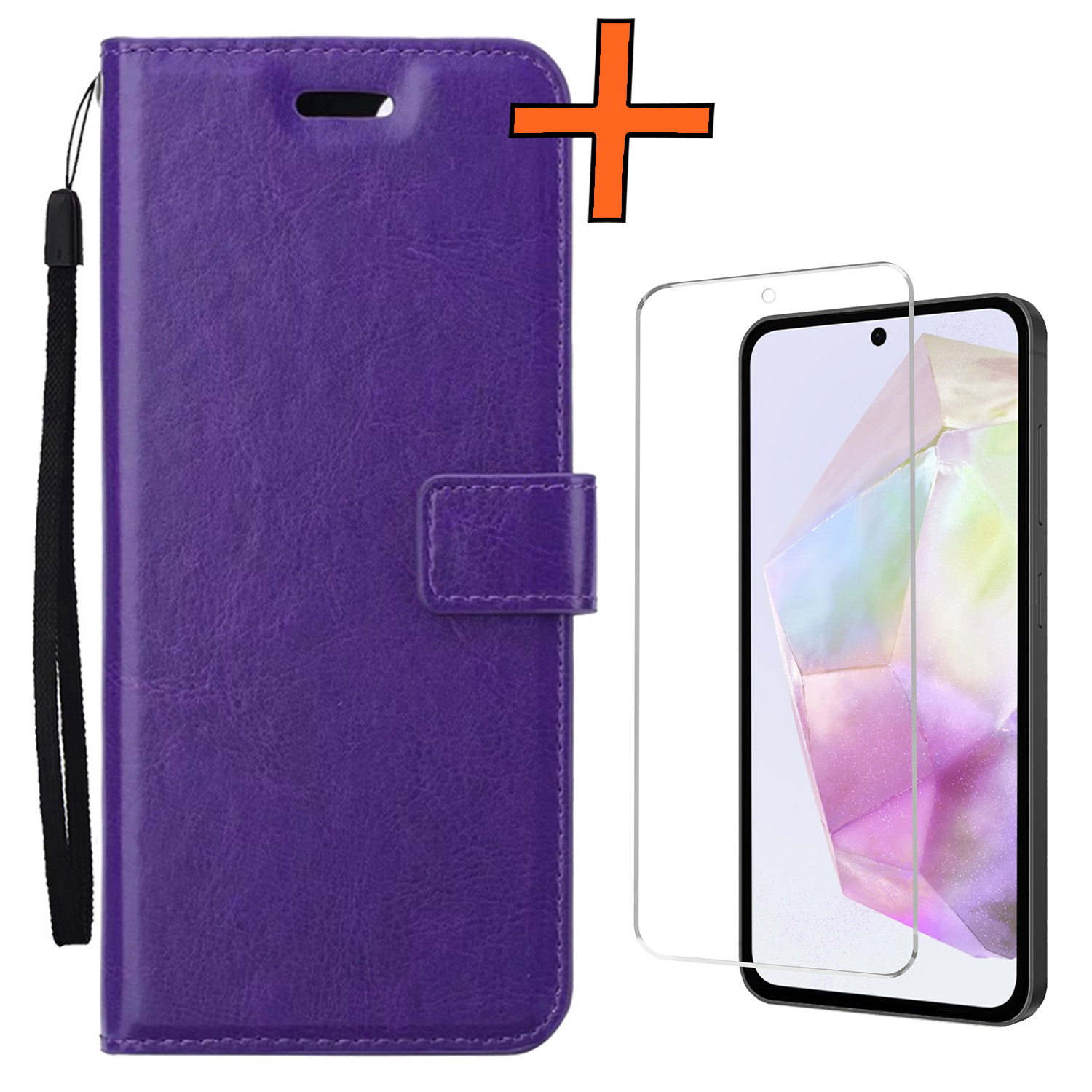 Nomfy Hoesje Geschikt voor Samsung A35 Hoes Bookcase Flipcase Book Cover Met Screenprotector - Hoes Geschikt voor Samsung Galaxy A35 5G Hoesje Book Case - Paars