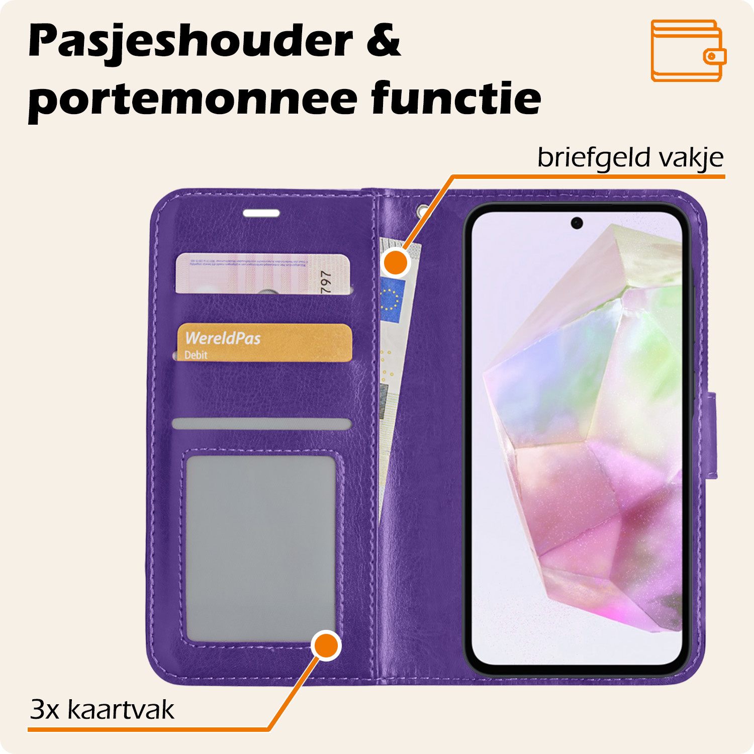 Nomfy Hoesje Geschikt voor Samsung A35 Hoes Bookcase Flipcase Book Cover Met Screenprotector - Hoes Geschikt voor Samsung Galaxy A35 5G Hoesje Book Case - Paars