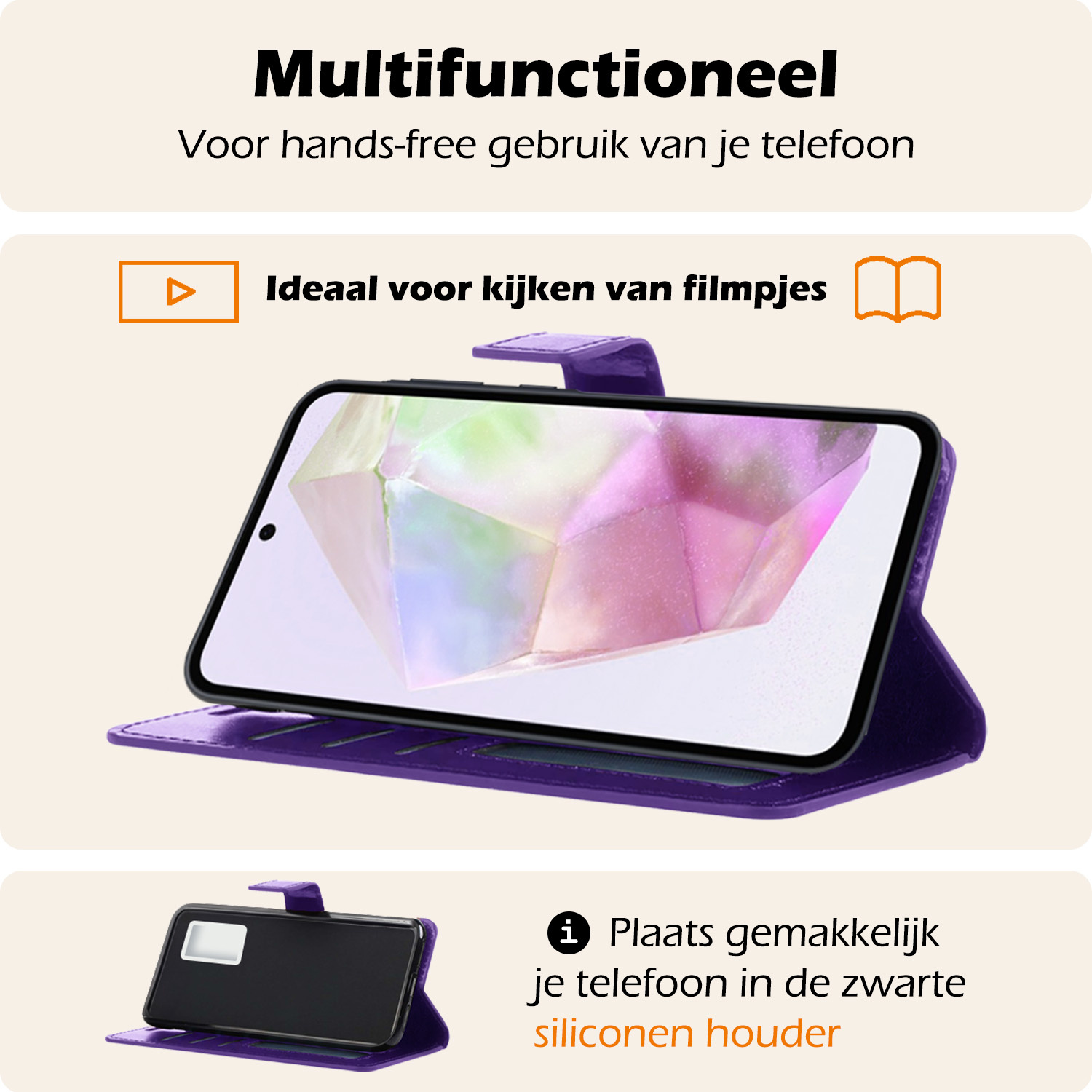 Nomfy Hoesje Geschikt voor Samsung A35 Hoes Bookcase Flipcase Book Cover Met Screenprotector - Hoes Geschikt voor Samsung Galaxy A35 5G Hoesje Book Case - Paars