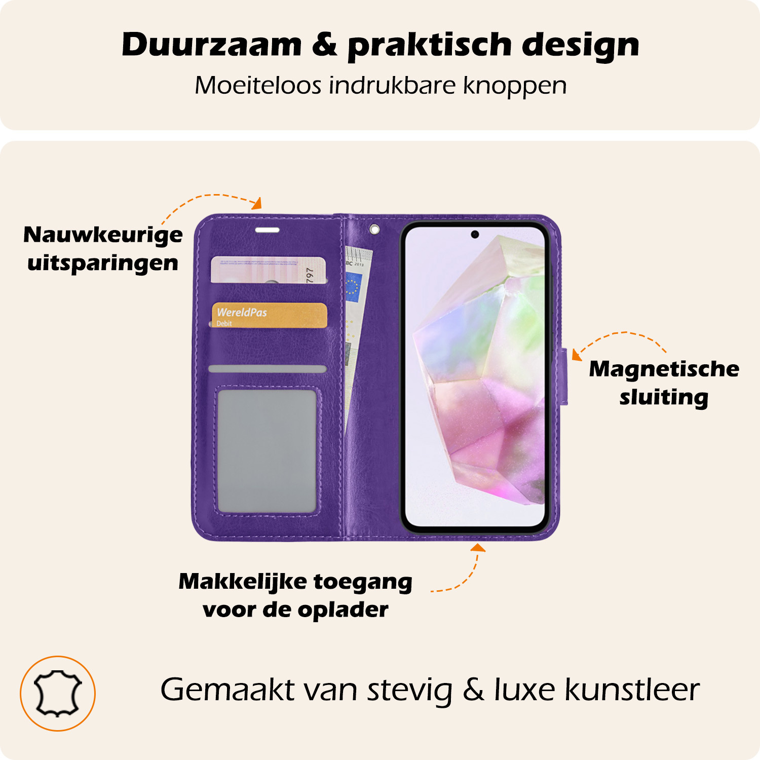 Nomfy Hoesje Geschikt voor Samsung A35 Hoes Bookcase Flipcase Book Cover Met Screenprotector - Hoes Geschikt voor Samsung Galaxy A35 5G Hoesje Book Case - Paars