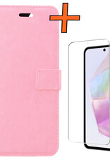 Nomfy Hoesje Geschikt voor Samsung A35 Hoes Bookcase Flipcase Book Cover Met Screenprotector - Hoes Geschikt voor Samsung Galaxy A35 5G Hoesje Book Case - Lichtroze