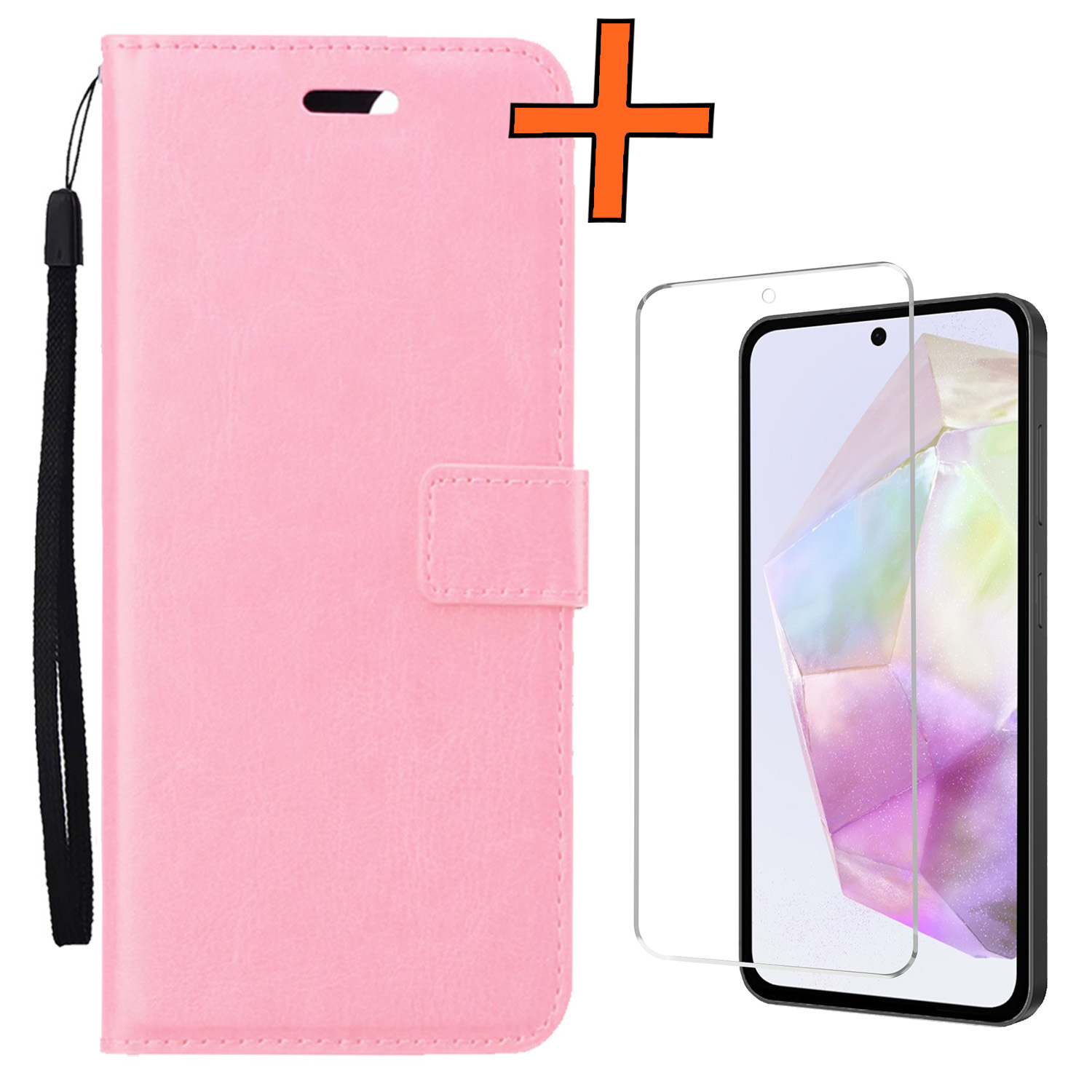 Nomfy Hoesje Geschikt voor Samsung A35 Hoes Bookcase Flipcase Book Cover Met Screenprotector - Hoes Geschikt voor Samsung Galaxy A35 5G Hoesje Book Case - Lichtroze