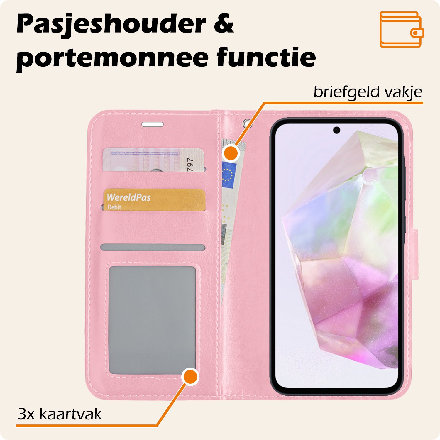 Nomfy Hoesje Geschikt voor Samsung A35 Hoes Bookcase Flipcase Book Cover Met Screenprotector - Hoes Geschikt voor Samsung Galaxy A35 5G Hoesje Book Case - Lichtroze