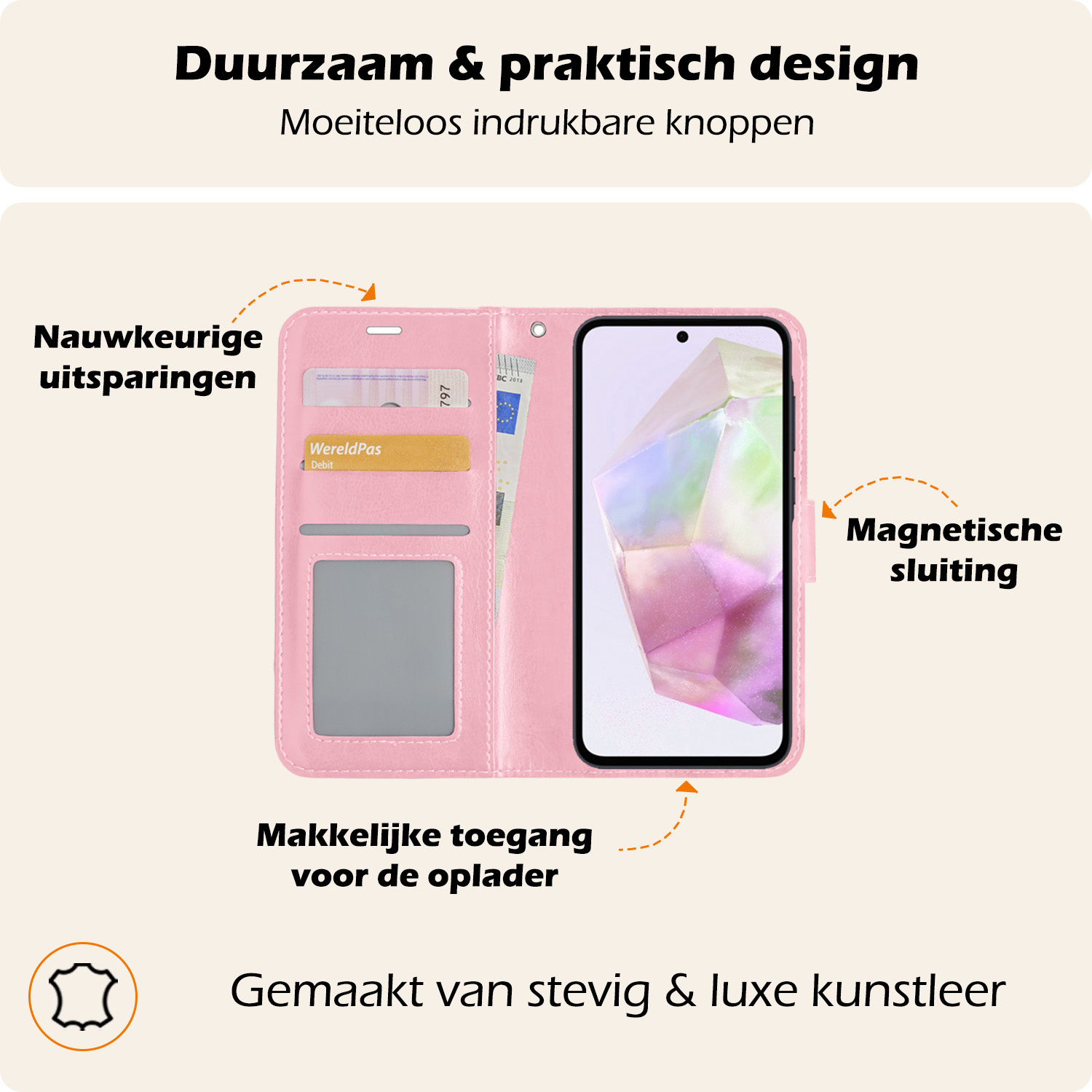 Nomfy Hoesje Geschikt voor Samsung A35 Hoes Bookcase Flipcase Book Cover Met Screenprotector - Hoes Geschikt voor Samsung Galaxy A35 5G Hoesje Book Case - Lichtroze