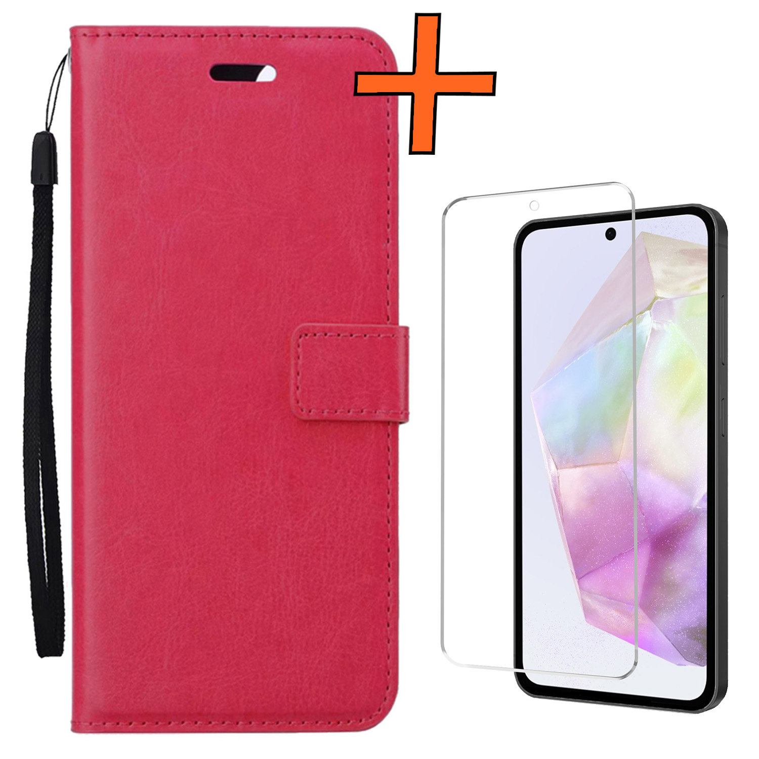 Nomfy Hoesje Geschikt voor Samsung A35 Hoes Bookcase Flipcase Book Cover Met Screenprotector - Hoes Geschikt voor Samsung Galaxy A35 5G Hoesje Book Case - Donkerroze