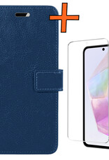 Nomfy Hoesje Geschikt voor Samsung A35 Hoes Bookcase Flipcase Book Cover Met Screenprotector - Hoes Geschikt voor Samsung Galaxy A35 5G Hoesje Book Case - Donkerblauw