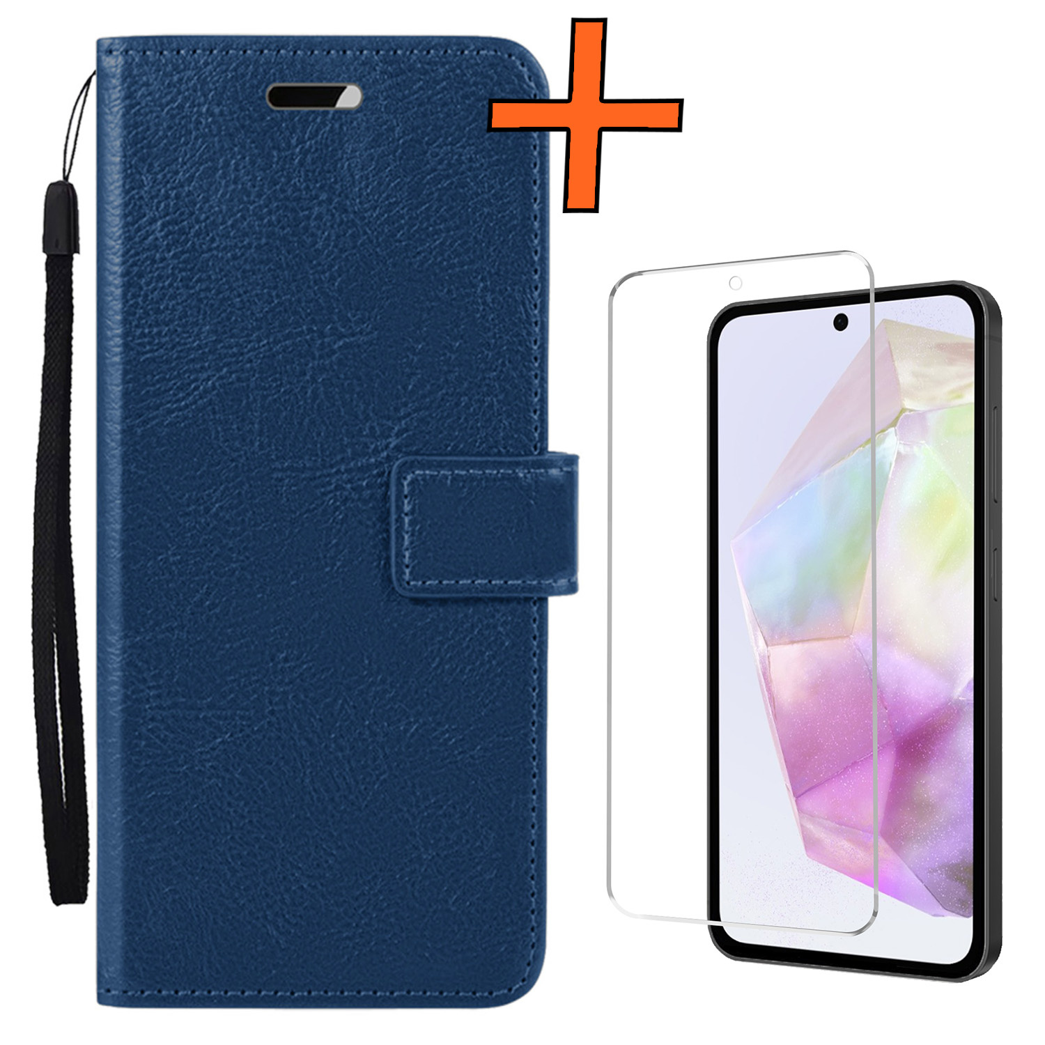 Nomfy Hoesje Geschikt voor Samsung A35 Hoes Bookcase Flipcase Book Cover Met Screenprotector - Hoes Geschikt voor Samsung Galaxy A35 5G Hoesje Book Case - Donkerblauw