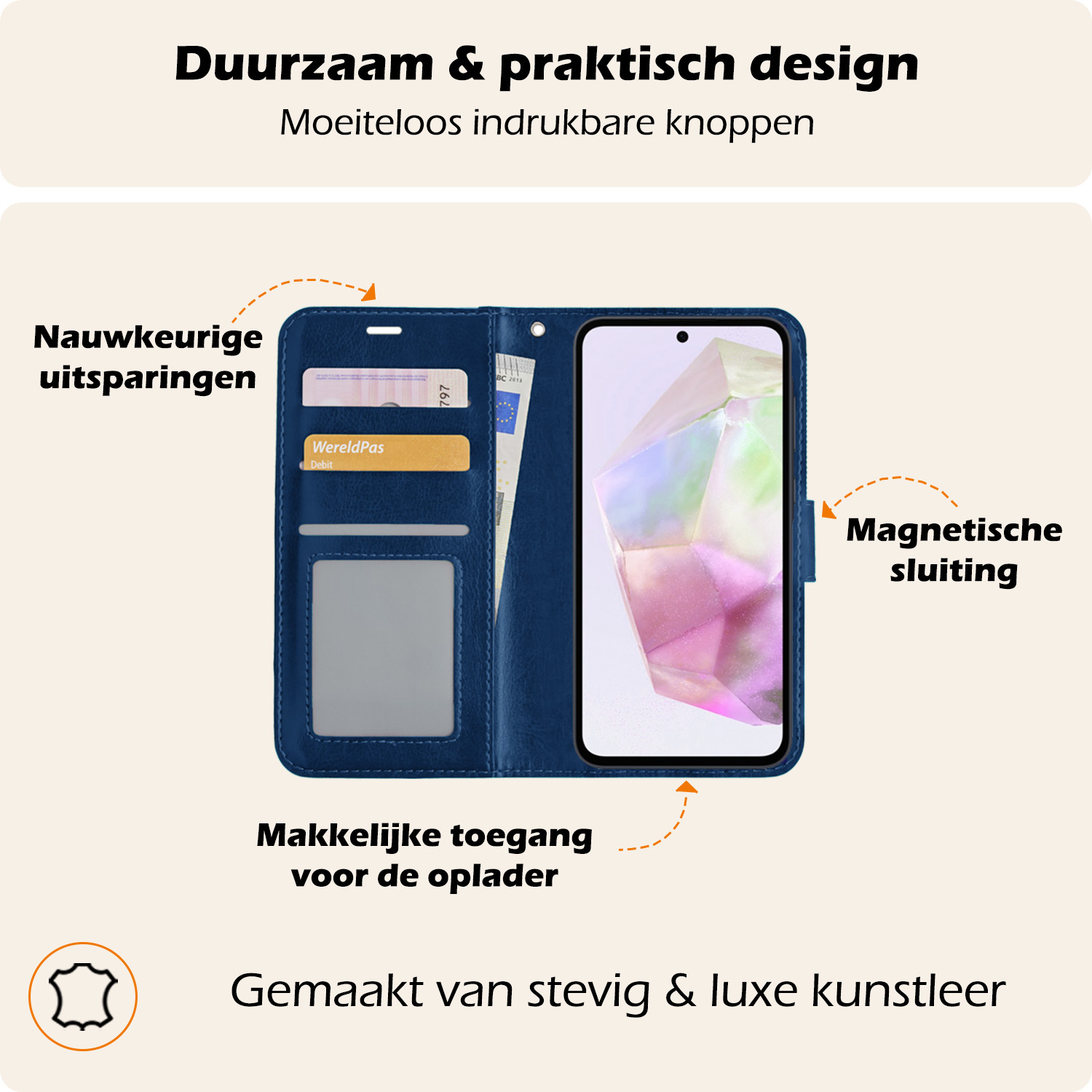 Nomfy Hoesje Geschikt voor Samsung A35 Hoes Bookcase Flipcase Book Cover Met Screenprotector - Hoes Geschikt voor Samsung Galaxy A35 5G Hoesje Book Case - Donkerblauw