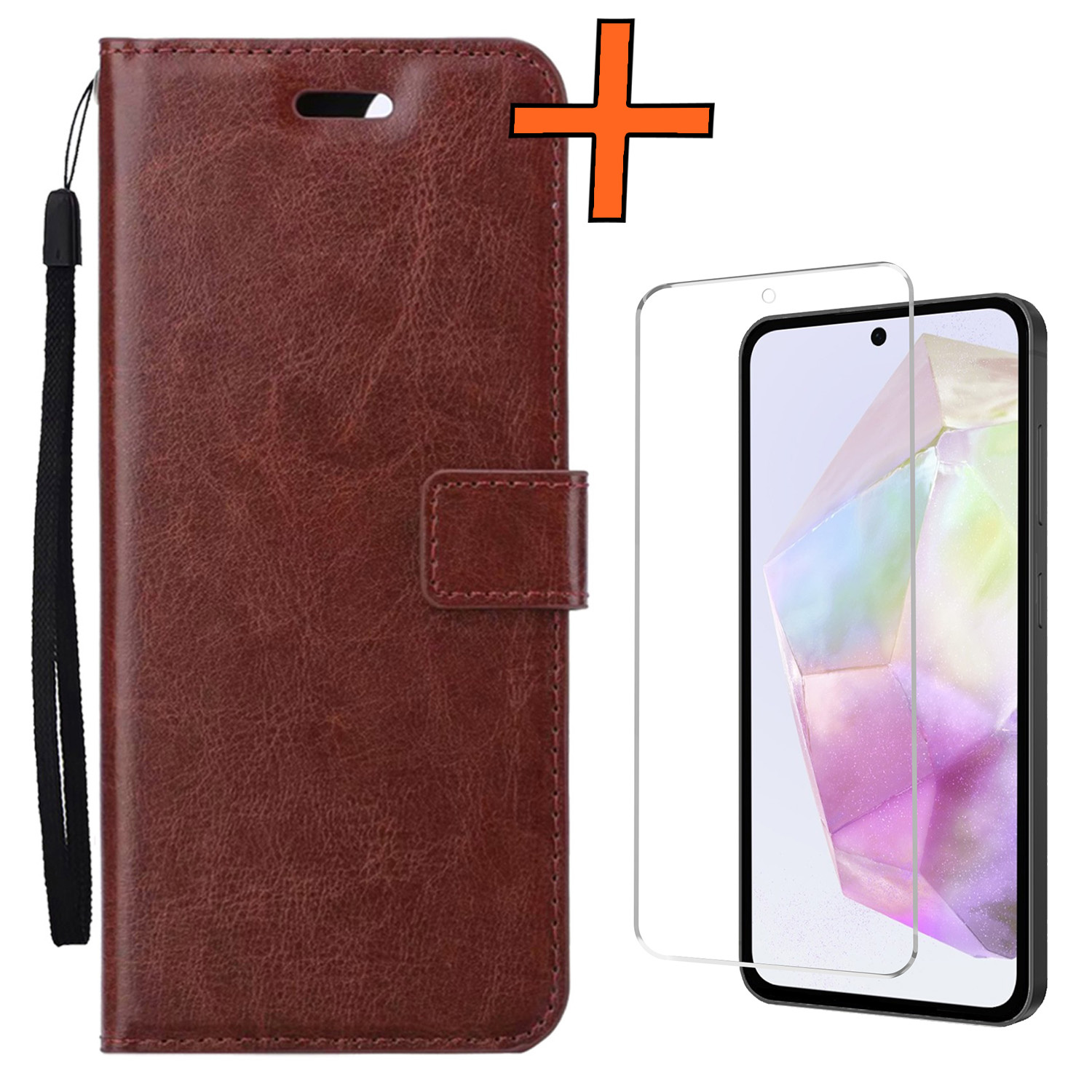 Nomfy Hoesje Geschikt voor Samsung A35 Hoes Bookcase Flipcase Book Cover Met Screenprotector - Hoes Geschikt voor Samsung Galaxy A35 5G Hoesje Book Case - Bruin