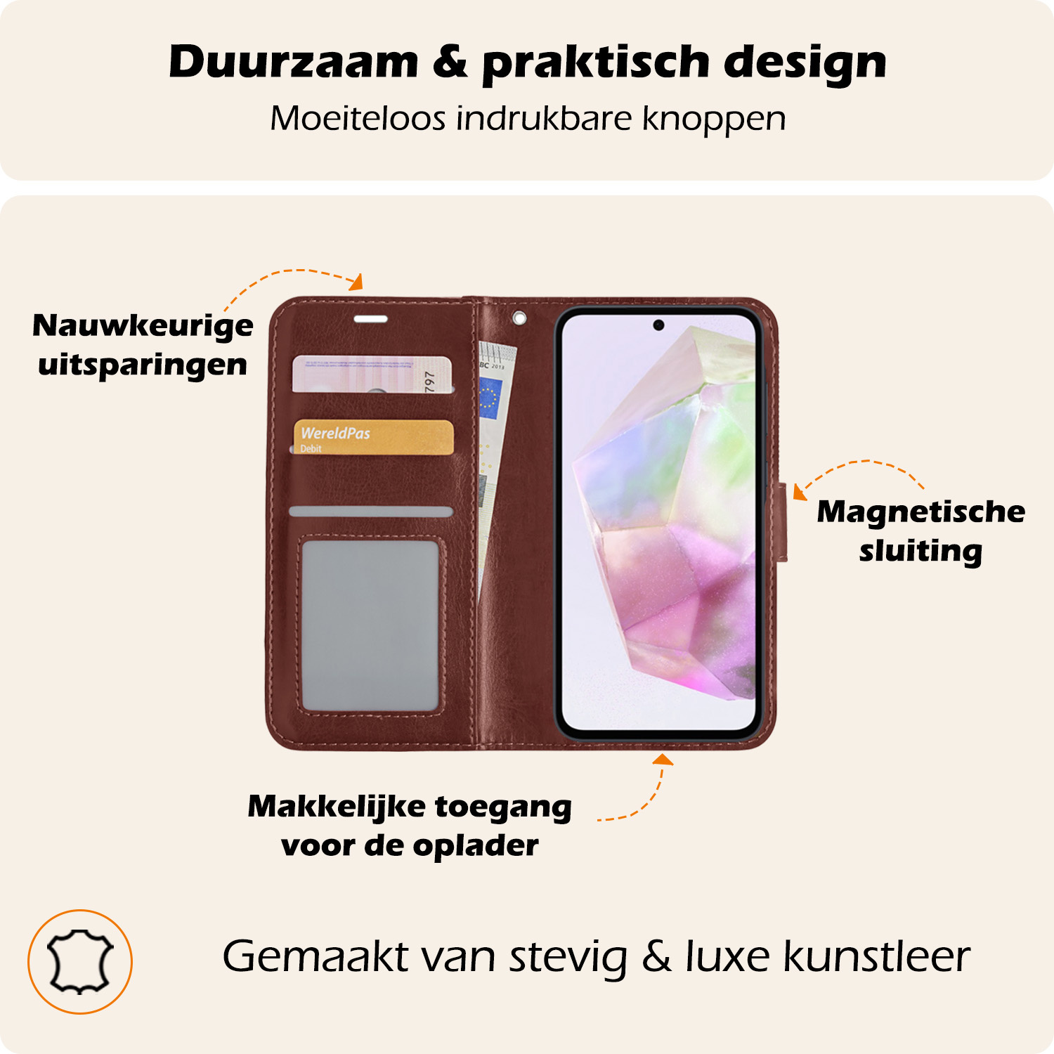 Nomfy Hoesje Geschikt voor Samsung A35 Hoes Bookcase Flipcase Book Cover Met Screenprotector - Hoes Geschikt voor Samsung Galaxy A35 5G Hoesje Book Case - Bruin