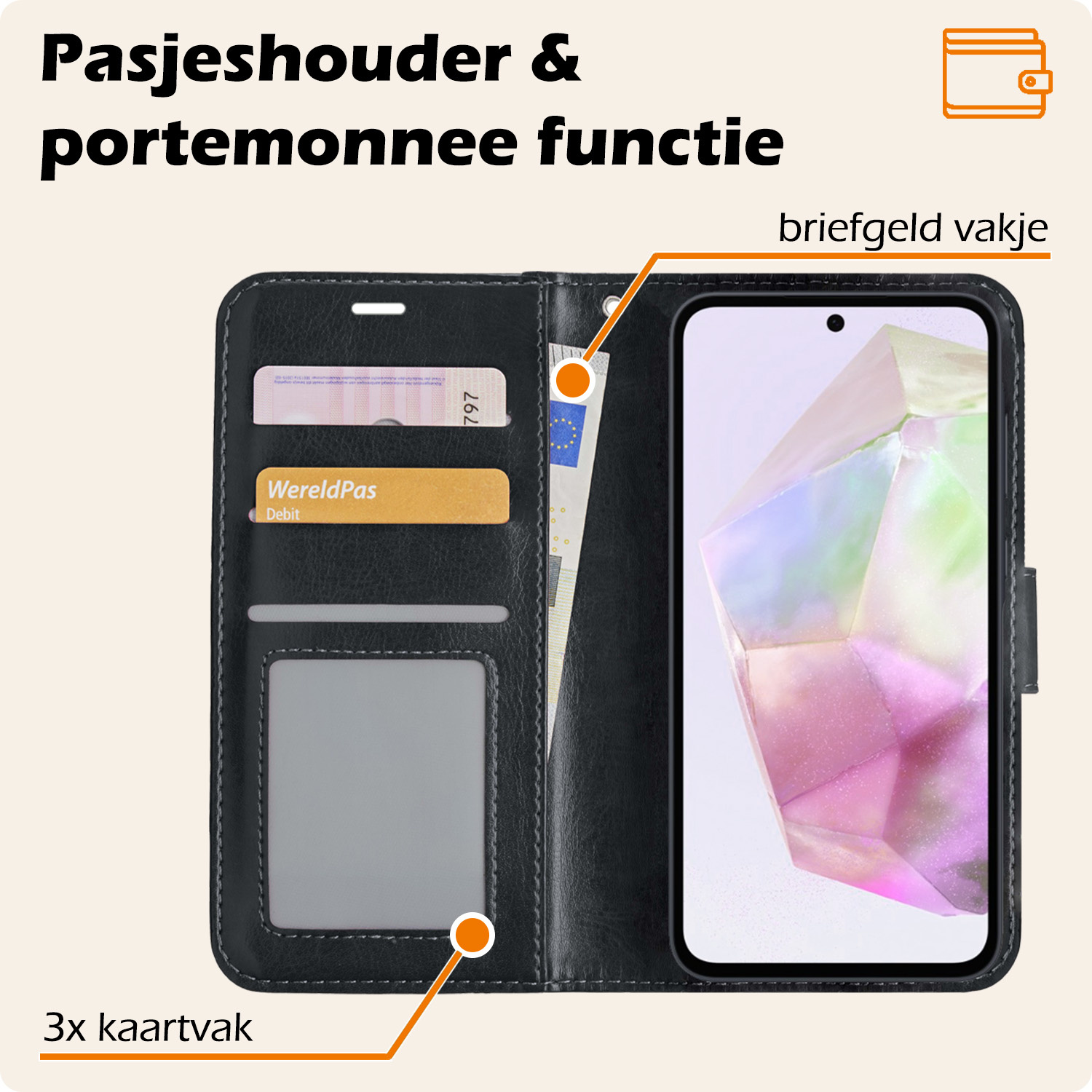 Nomfy Hoesje Geschikt voor Samsung A35 Hoes Bookcase Flipcase Book Cover - Hoes Geschikt voor Samsung Galaxy A35 5G Hoesje Book Case - Zwart