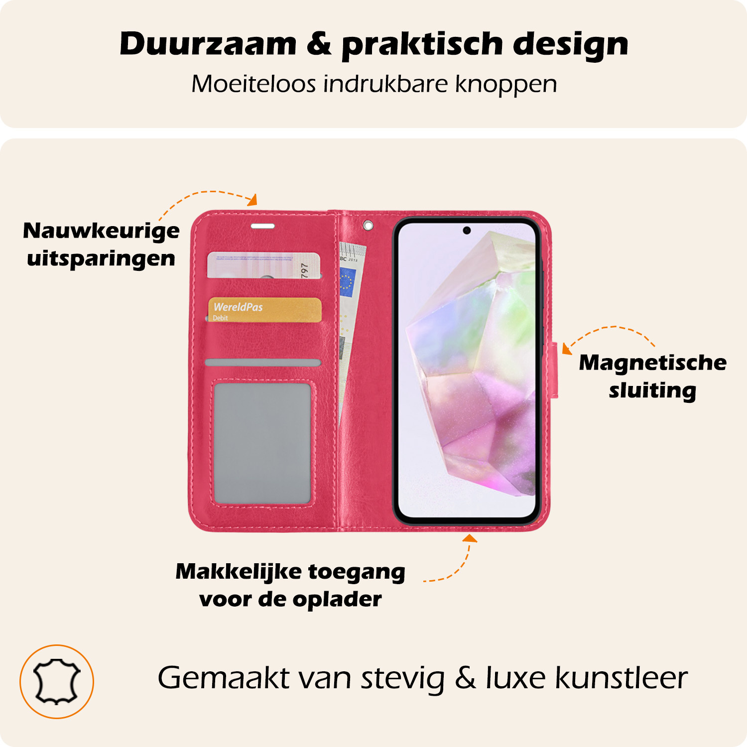 Nomfy Hoesje Geschikt voor Samsung A35 Hoes Bookcase Flipcase Book Cover - Hoes Geschikt voor Samsung Galaxy A35 5G Hoesje Book Case - Donkerroze