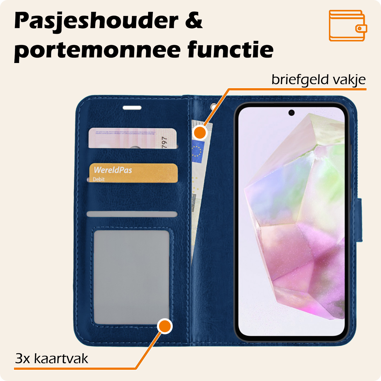 Nomfy Hoesje Geschikt voor Samsung A35 Hoes Bookcase Flipcase Book Cover - Hoes Geschikt voor Samsung Galaxy A35 5G Hoesje Book Case - Donkerblauw