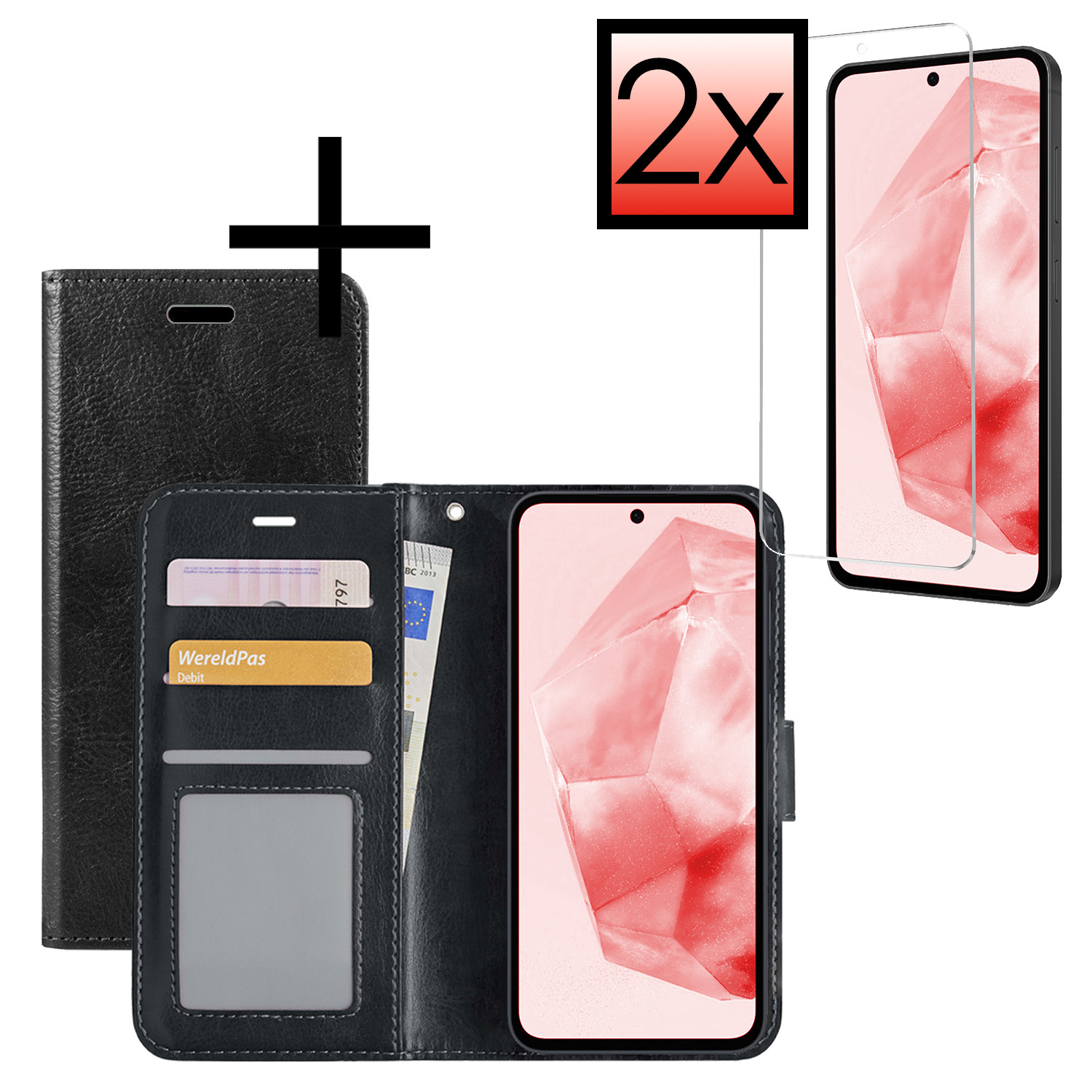NoXx Hoes Geschikt voor Samsung A35 Hoesje Book Case Hoes Flip Cover Wallet Bookcase Met 2x Screenprotector - Zwart