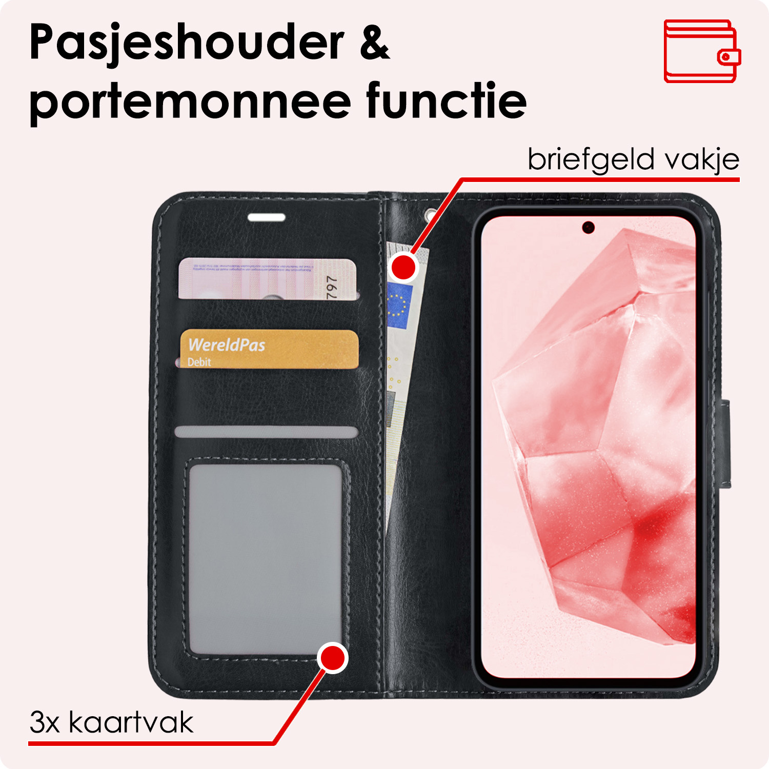NoXx Hoes Geschikt voor Samsung A35 Hoesje Book Case Hoes Flip Cover Wallet Bookcase Met 2x Screenprotector - Zwart