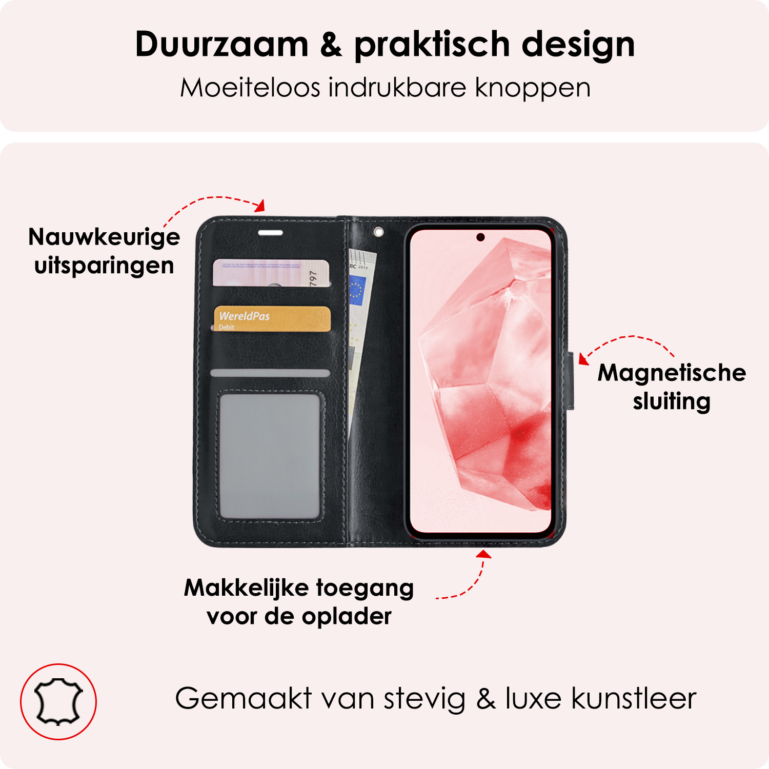 NoXx Hoes Geschikt voor Samsung A35 Hoesje Book Case Hoes Flip Cover Wallet Bookcase Met 2x Screenprotector - Zwart