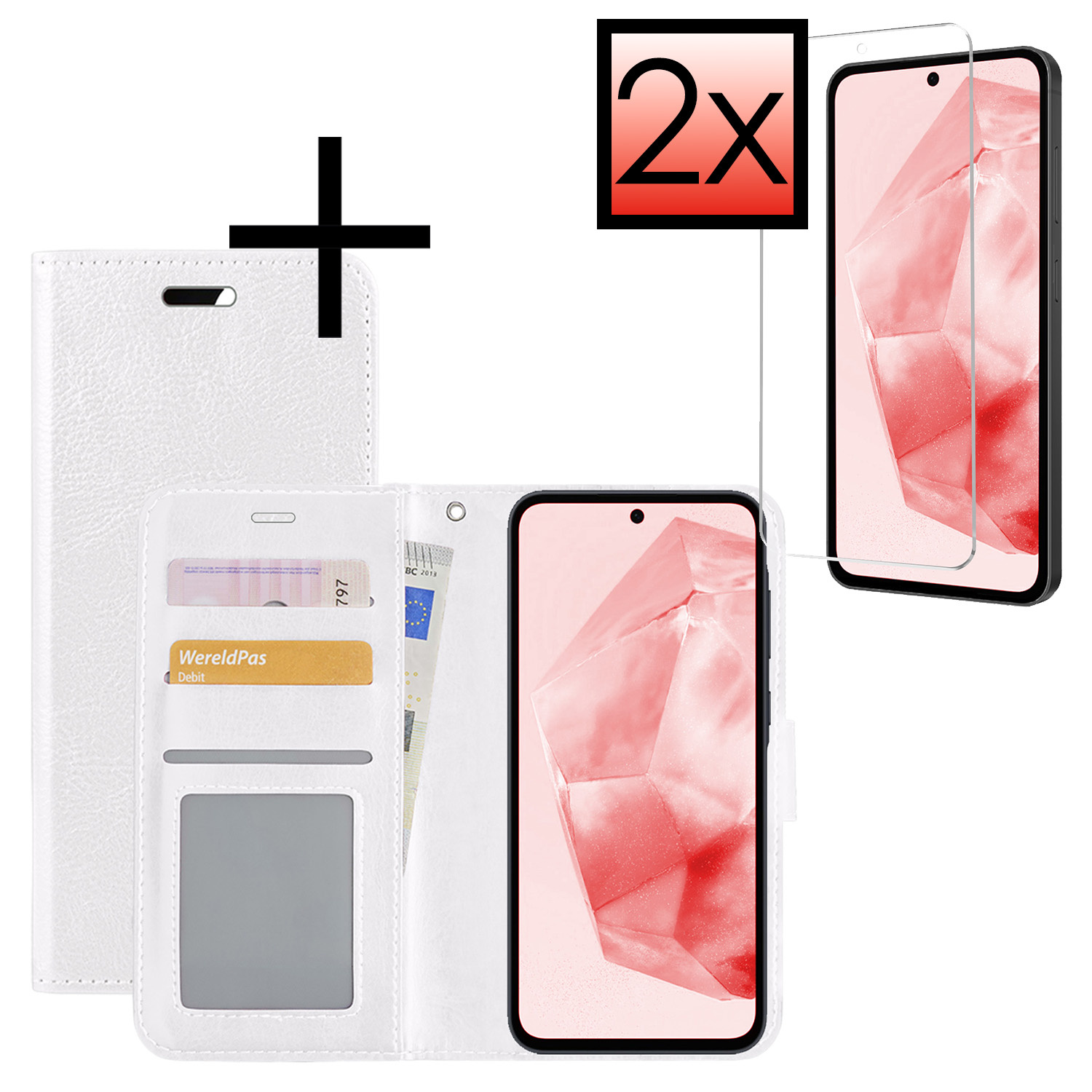 NoXx Hoes Geschikt voor Samsung A35 Hoesje Book Case Hoes Flip Cover Wallet Bookcase Met 2x Screenprotector - Wit