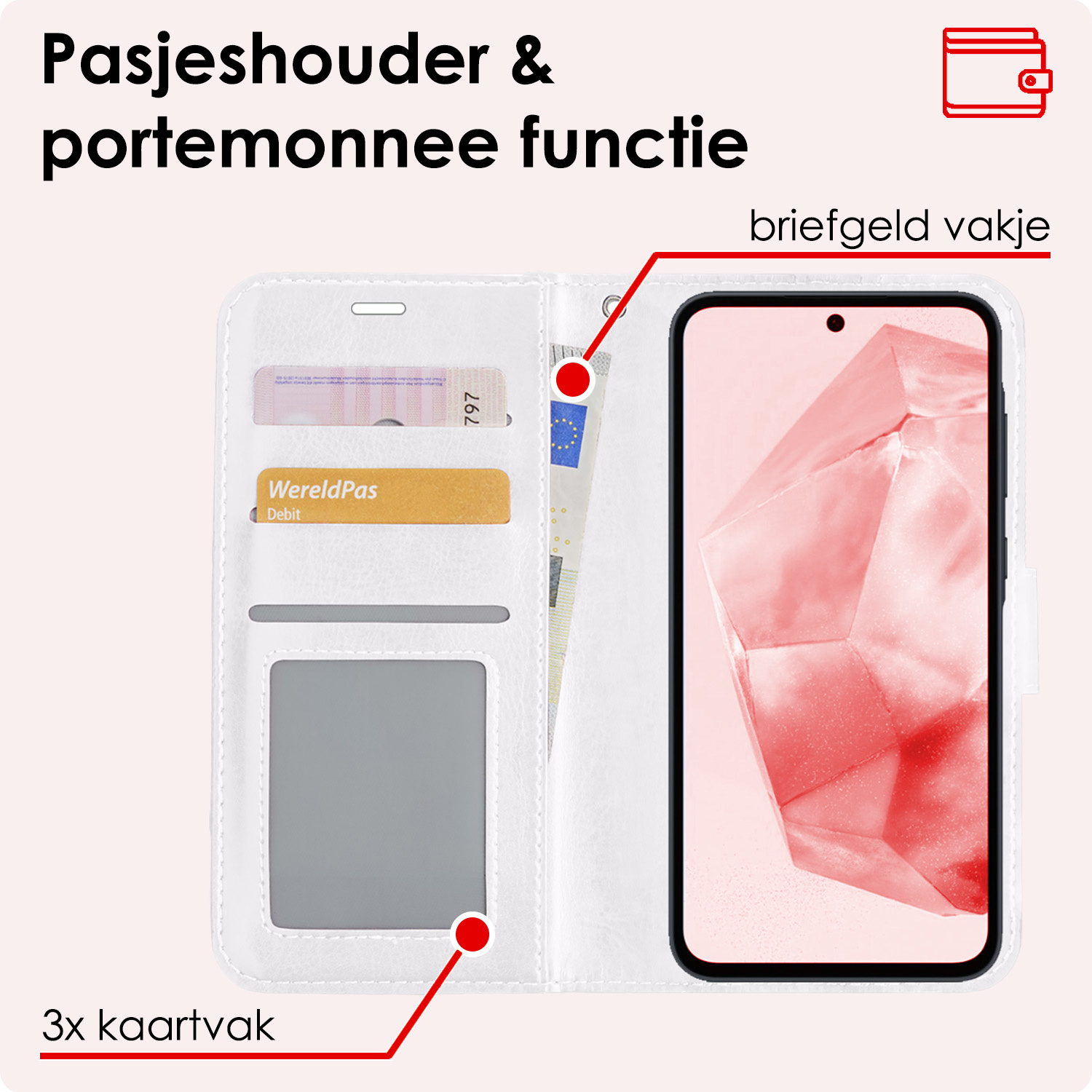 NoXx Hoes Geschikt voor Samsung A35 Hoesje Book Case Hoes Flip Cover Wallet Bookcase Met 2x Screenprotector - Wit