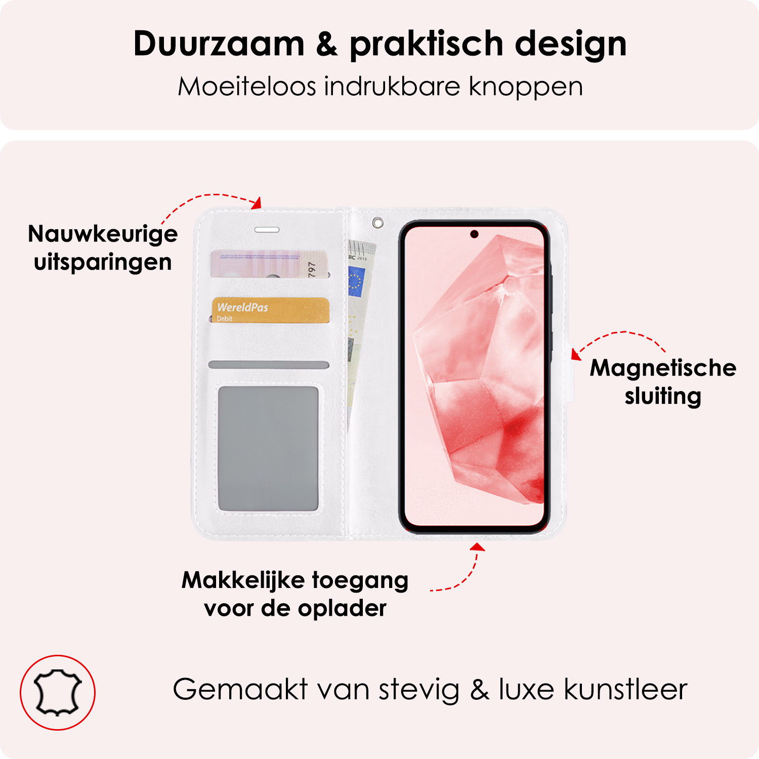 NoXx Hoes Geschikt voor Samsung A35 Hoesje Book Case Hoes Flip Cover Wallet Bookcase Met 2x Screenprotector - Wit