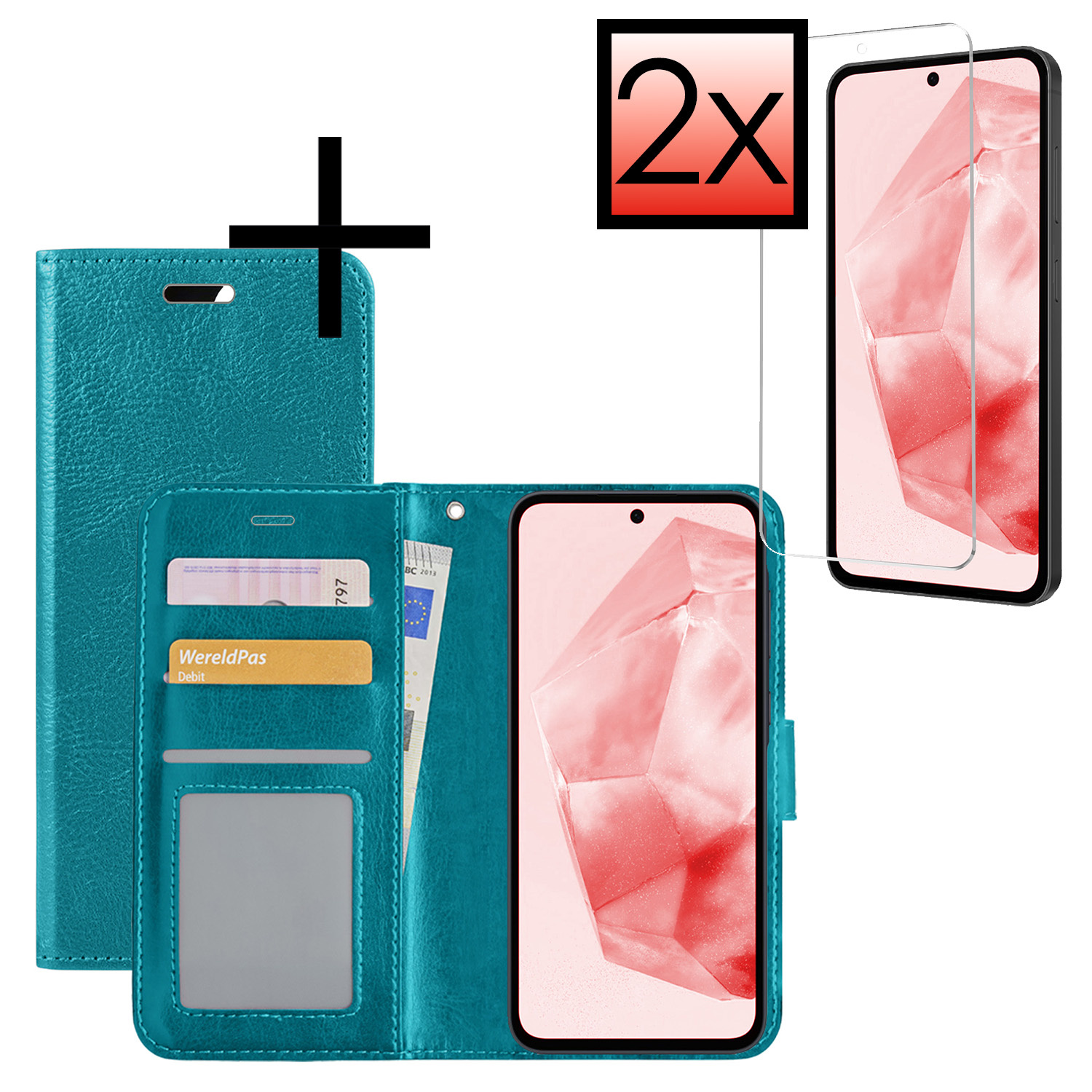 NoXx Hoes Geschikt voor Samsung A35 Hoesje Book Case Hoes Flip Cover Wallet Bookcase Met 2x Screenprotector - Turquoise