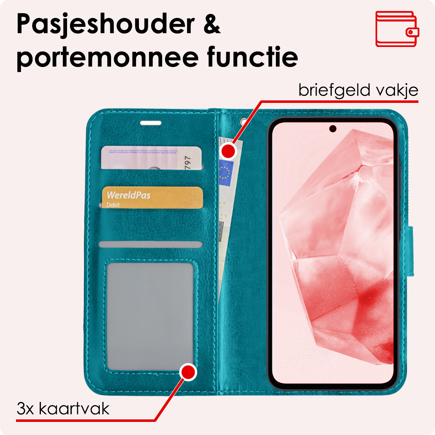 NoXx Hoes Geschikt voor Samsung A35 Hoesje Book Case Hoes Flip Cover Wallet Bookcase Met 2x Screenprotector - Turquoise